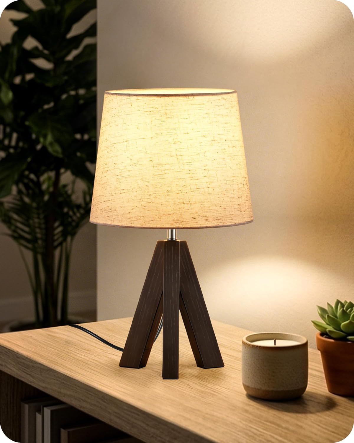 Linen Modern Beige Bedside Lamp — 6" — Beige+Dark Walnut