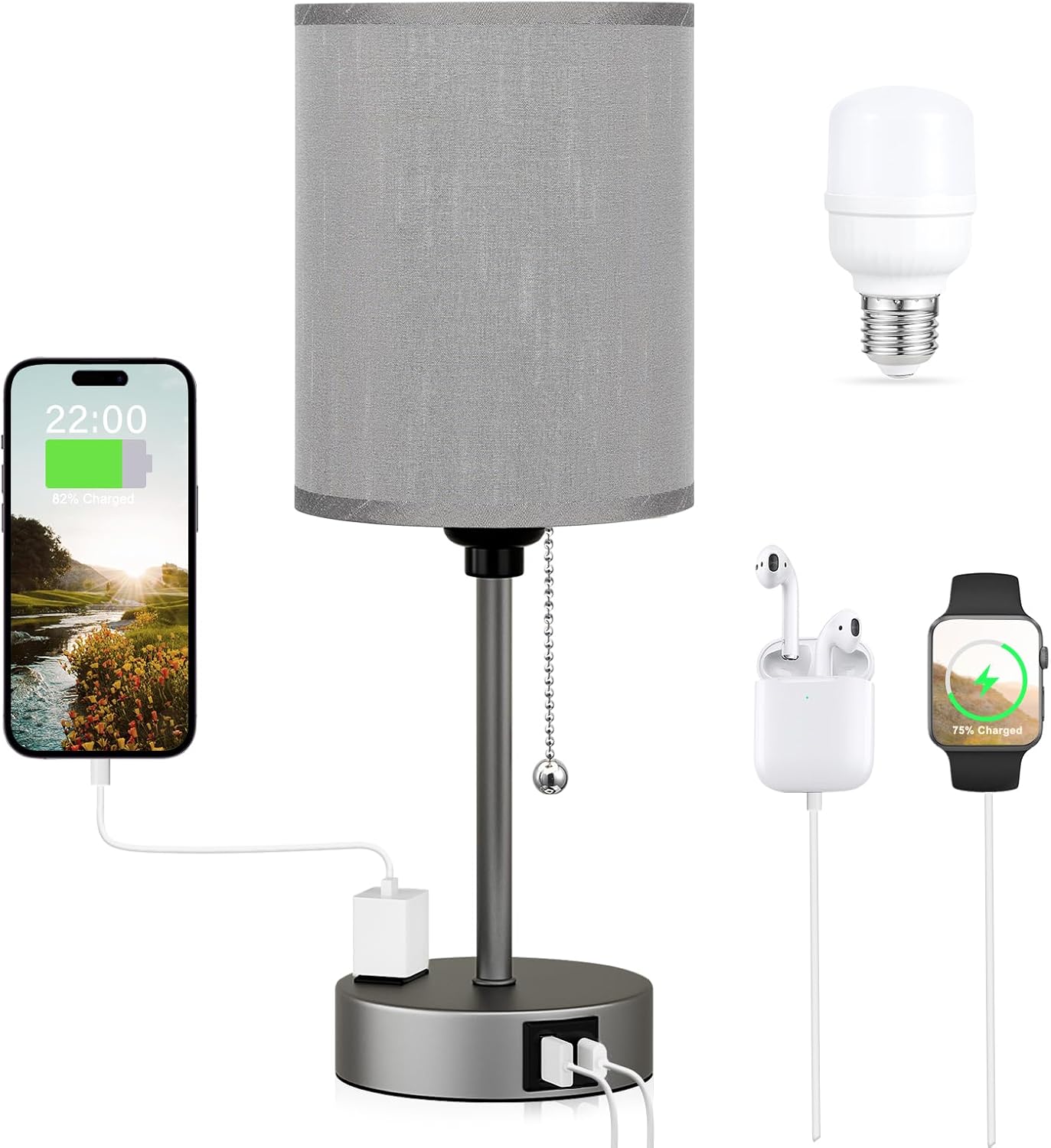 USB Beige Bedside Lamp — 14.6 in