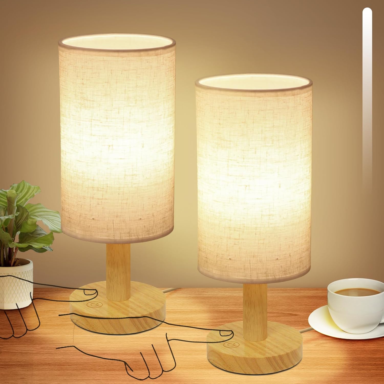 Round Boho Wood Table Lamp — Set of 1 — Round - USB Plug Touch - Set of 2