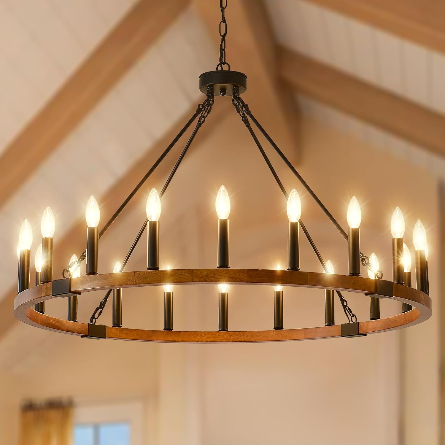 Round Farmhouse Black Chandelier — 12-Light — Wooden