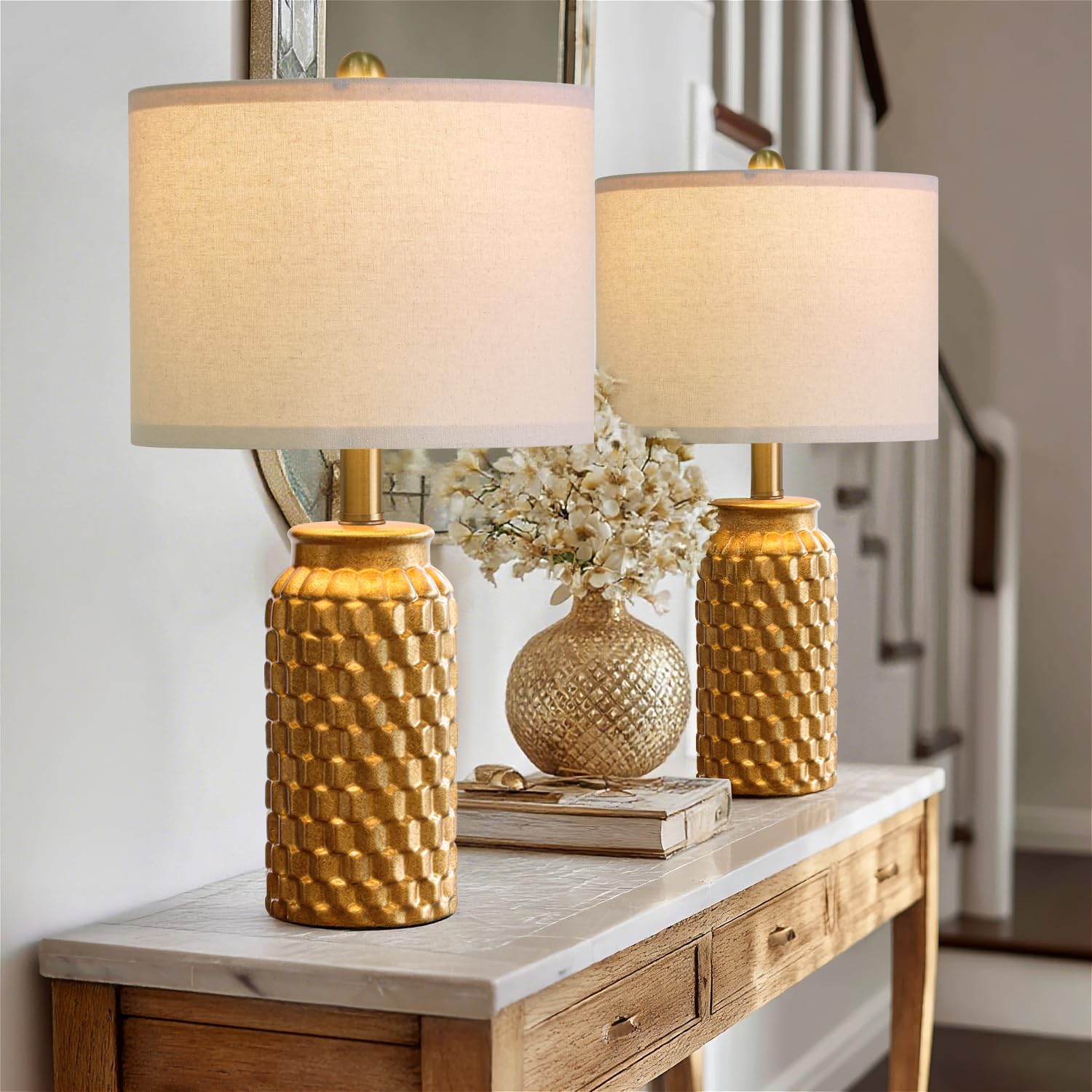 Farmhouse Beige Bedside Lamp — 20.5" — 20.5" Vintage Gold-2 Pack