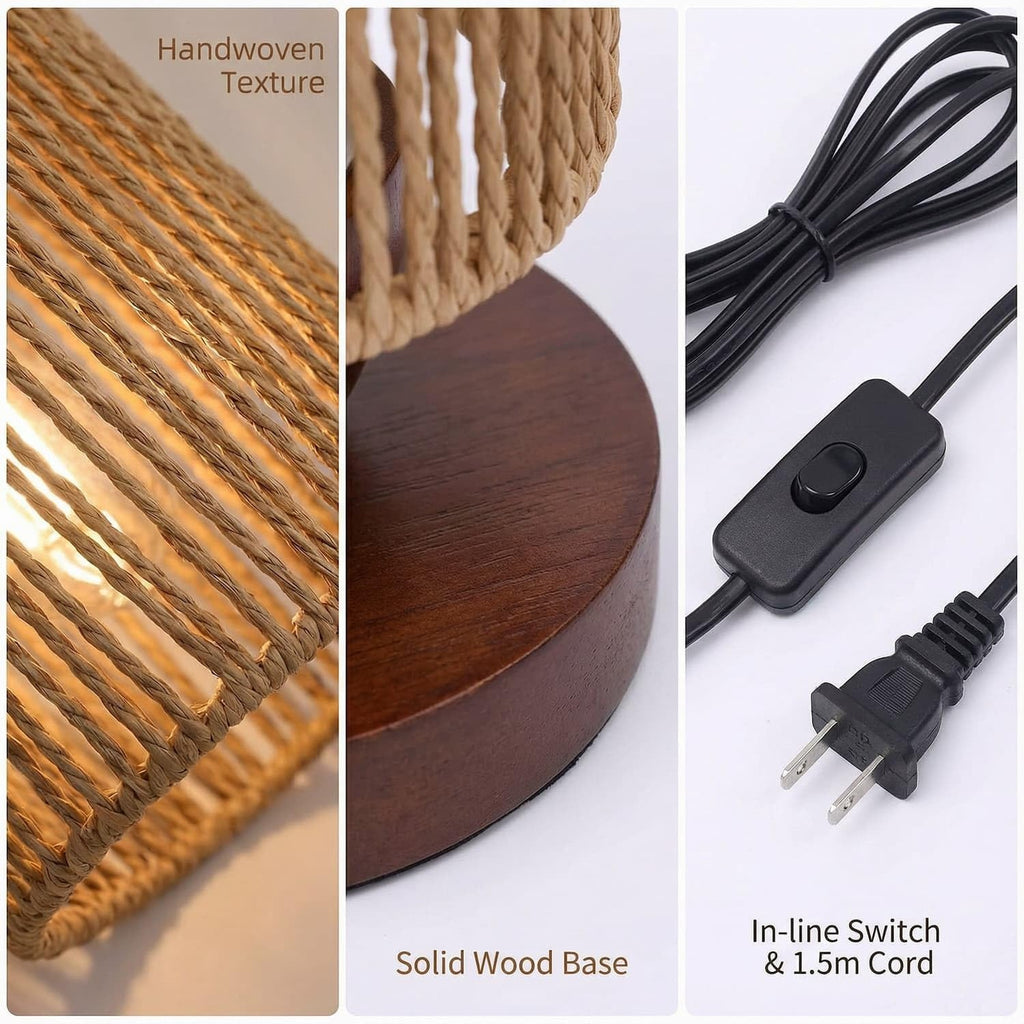 Handwoven Boho Wood Bedside Lamp — 8.6" - View 6