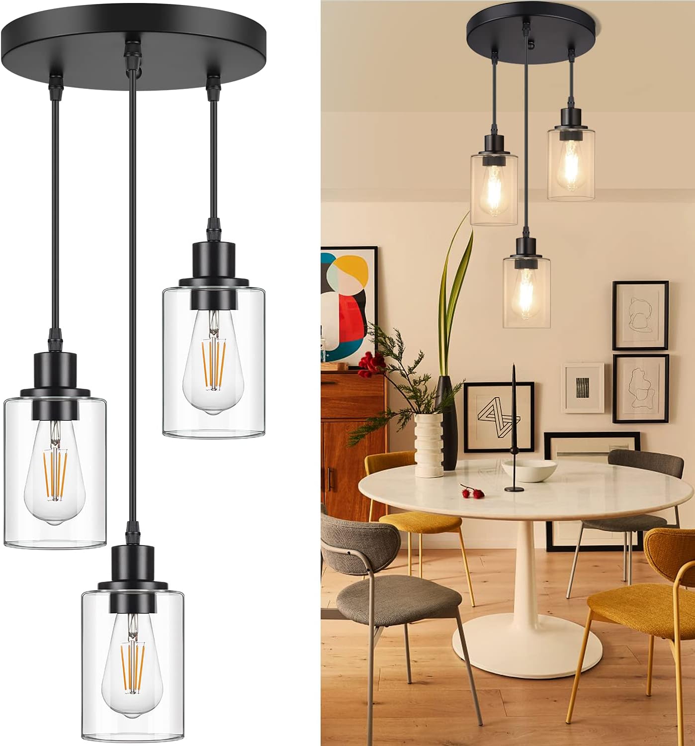Adjustable Black Pendant Light — 3-Light — Black