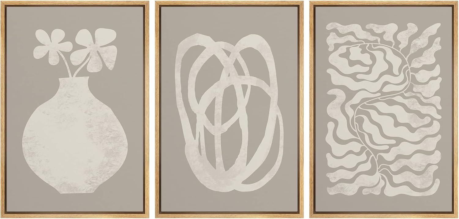 Framed Boho Fabric Wall Art — 24" — 16"x24"x3 Panels Natural