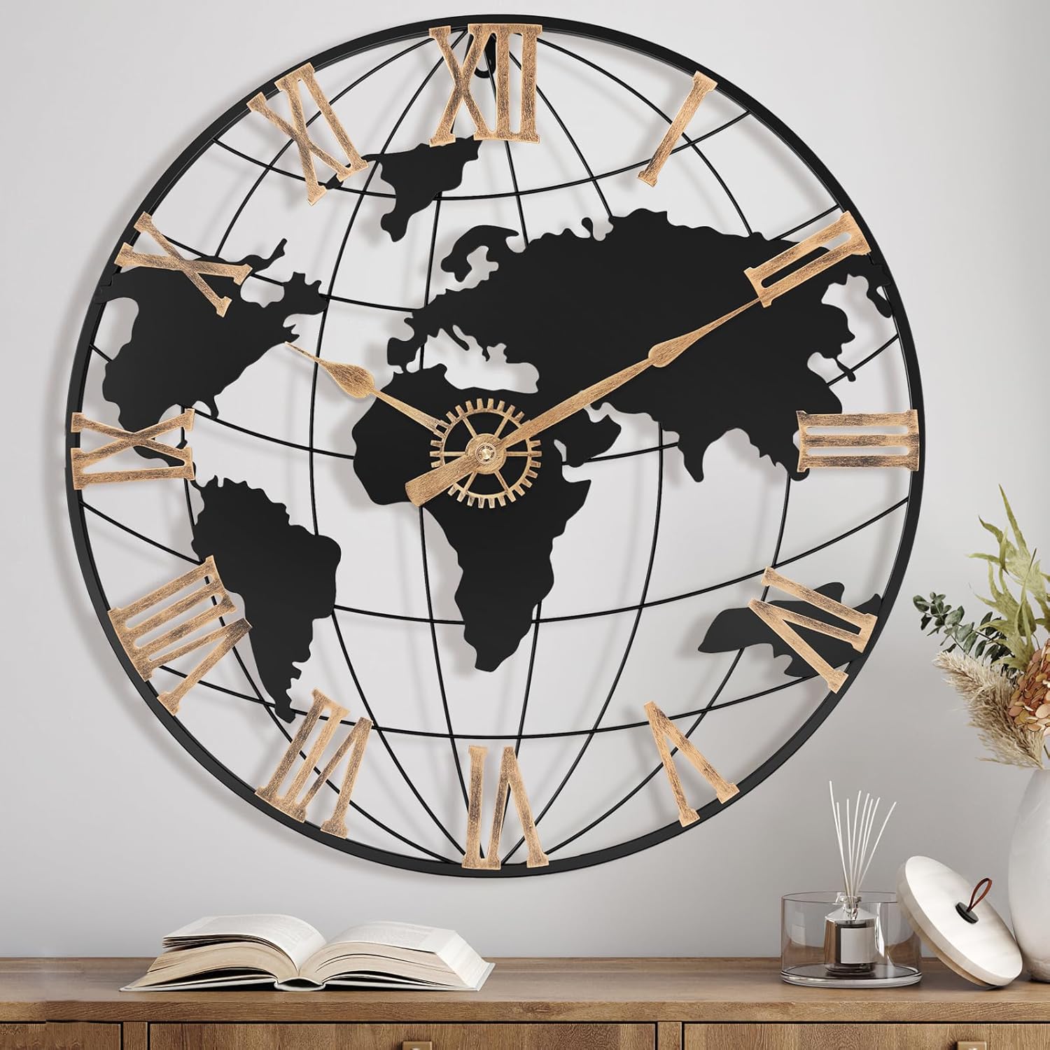 Oversized Luxe Black Wall Clock — 30" — Gold Roman