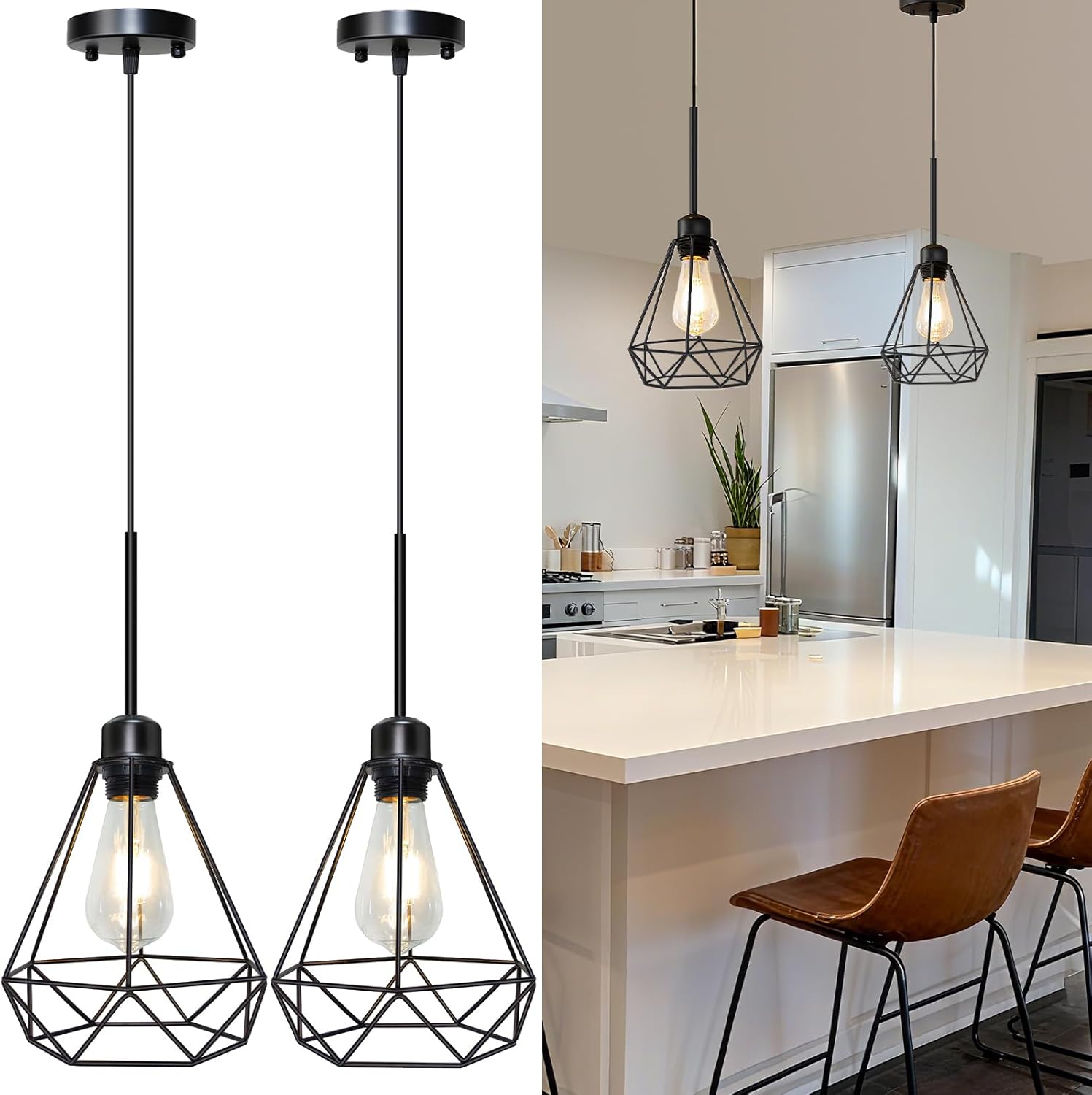 Adjustable Farmhouse Metal Pendant Light — 18" — 7.18Inch-2Pack-Diamond Shade