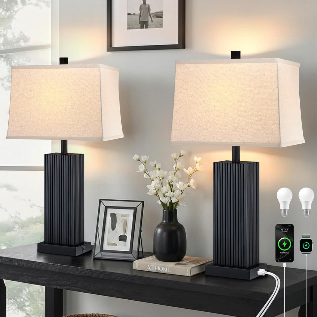 USB Charging Farmhouse Beige Table Lamp — 27.5" — Black