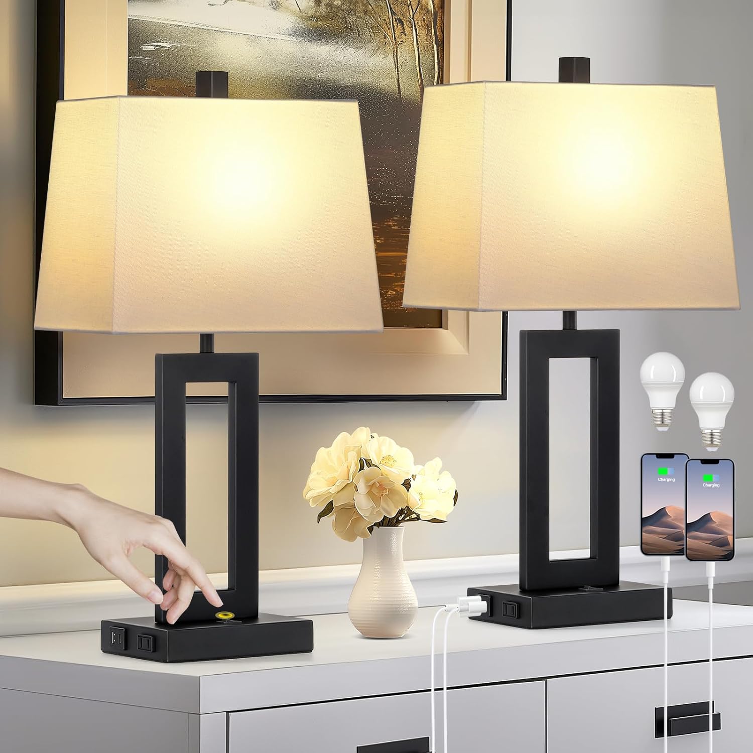 USB Modern Black Bedside Lamp — Set of 2 — White(shade)