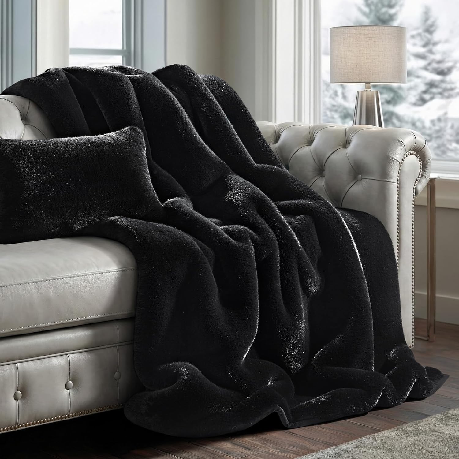 Velvet Luxe Beige Throw Pillow — 50" — Black Noir Mink