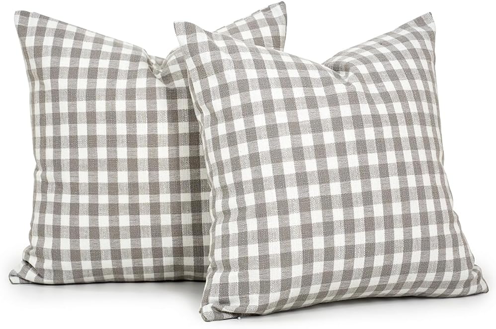 Farmhouse Beige Pillow Cover — 20" — Light Grey & White Gingham Set of 2