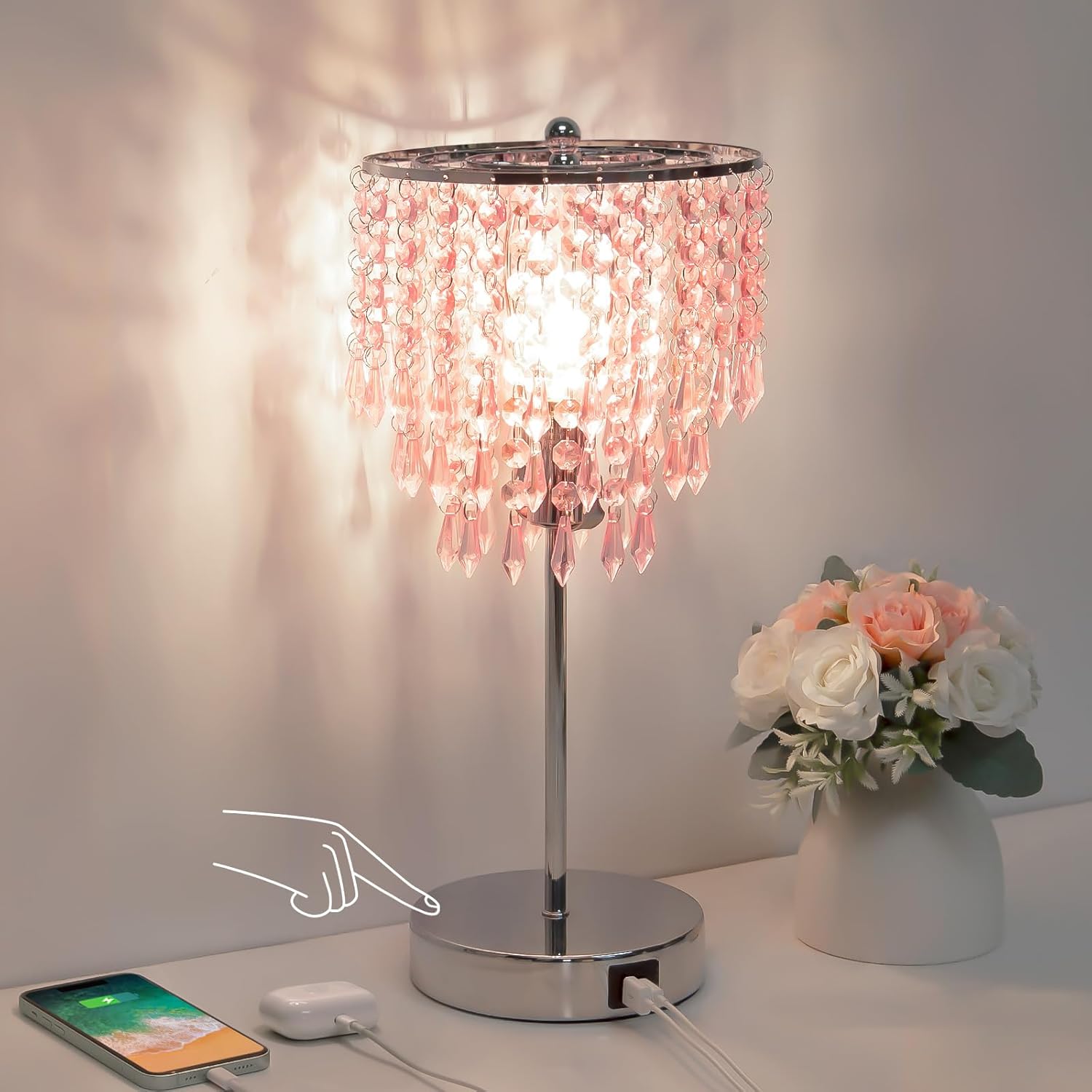 Dimmable Luxe Gold Nightstand Lamp — Pink