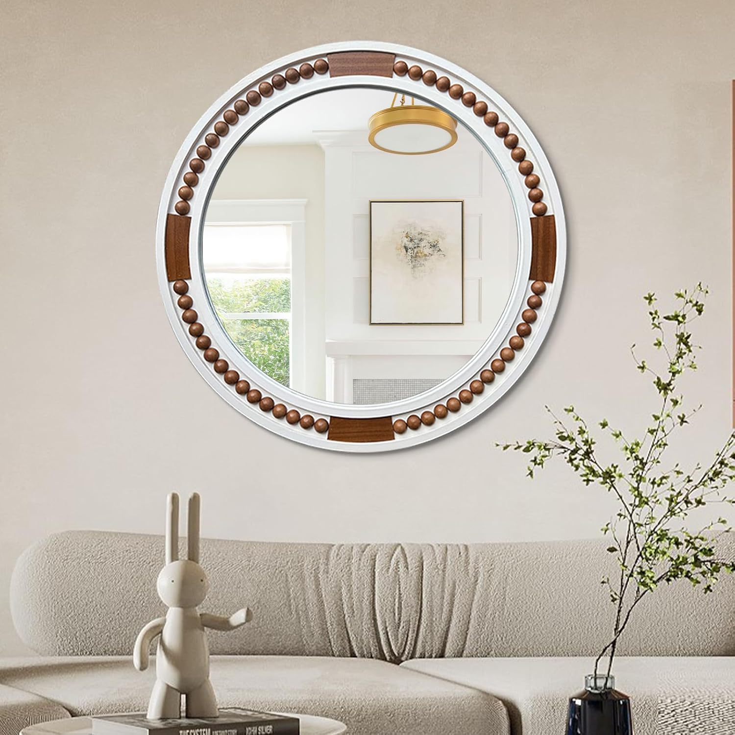Round Modern Black Wall Mirror — 26.8" — Wood-brown