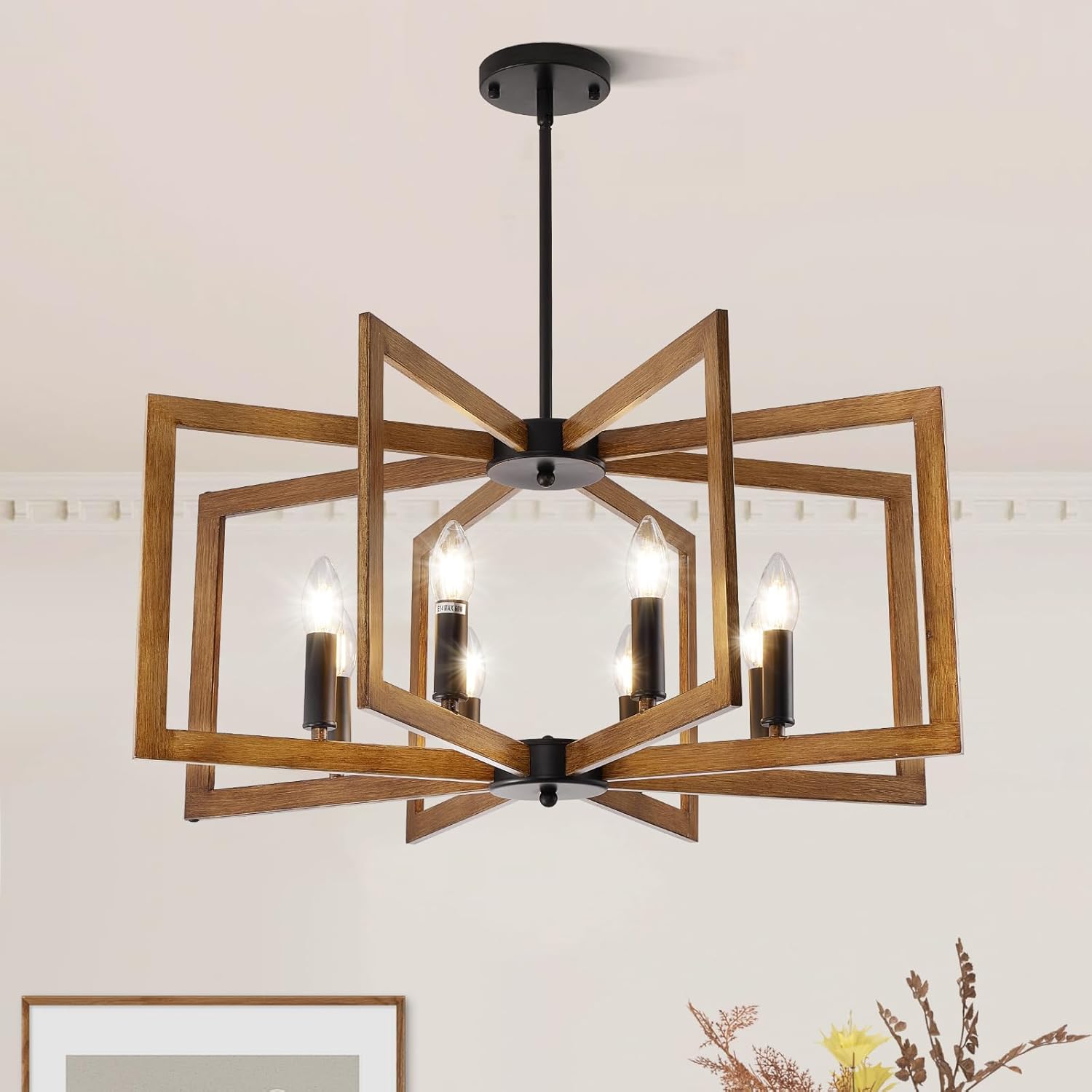 Farmhouse Black Chandelier — 6-Light — Wood Grain-21.6"(No assembly required)