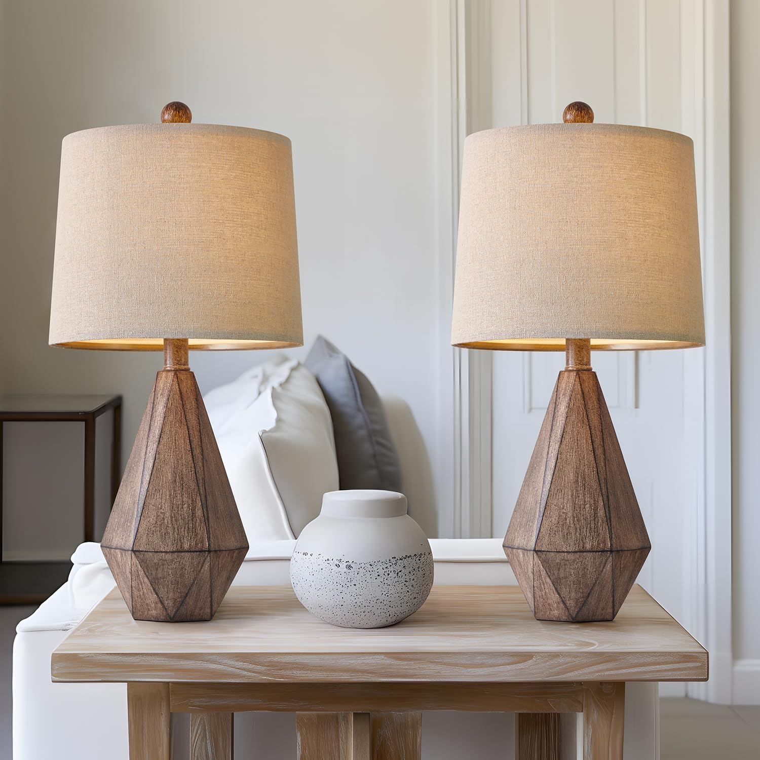 Linen Farmhouse Black Nightstand Lamp — 20.25" — Dark Wood Resin