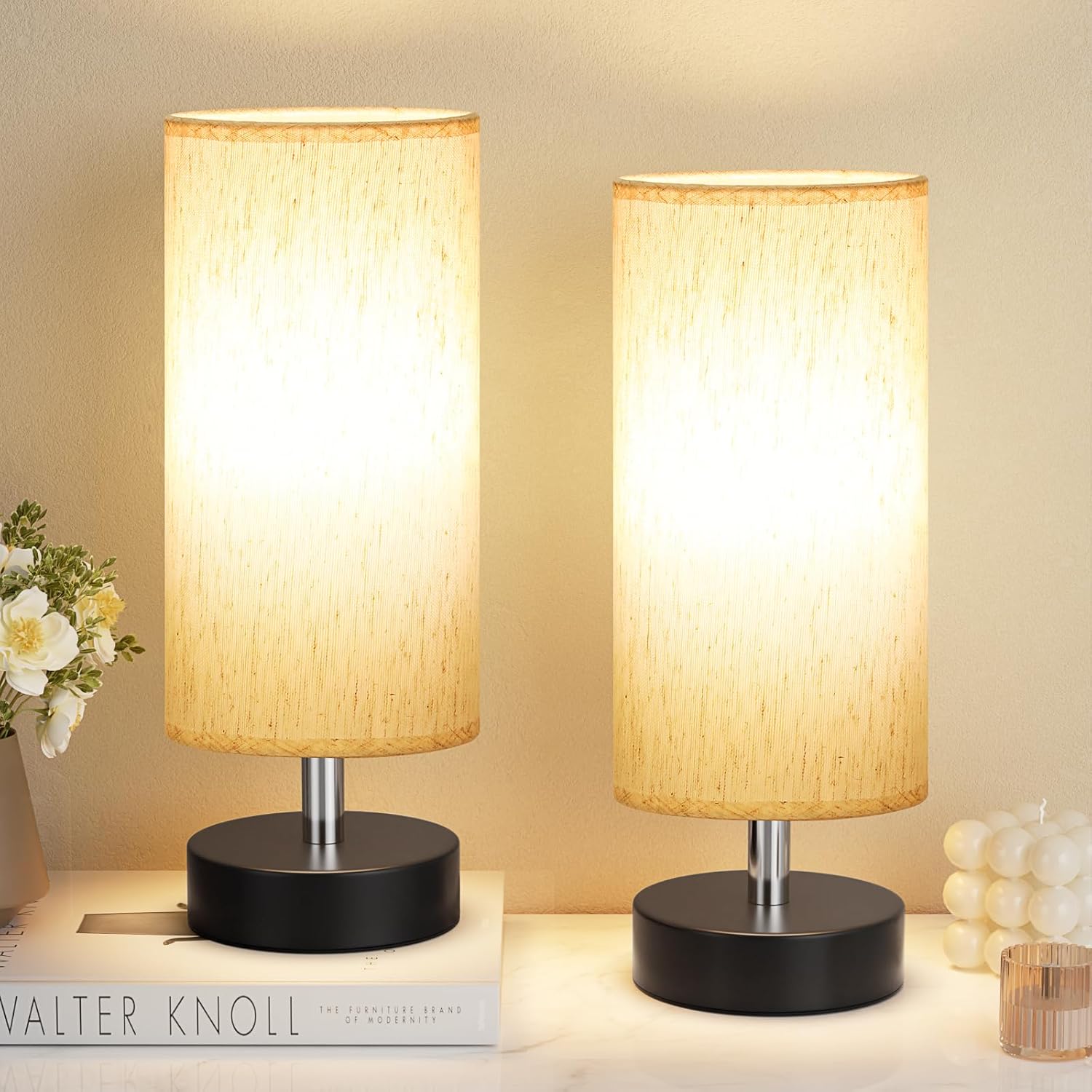 Modern Beige Bedside Lamp — 11.6" — Cream Shade-Black Base 2pcs