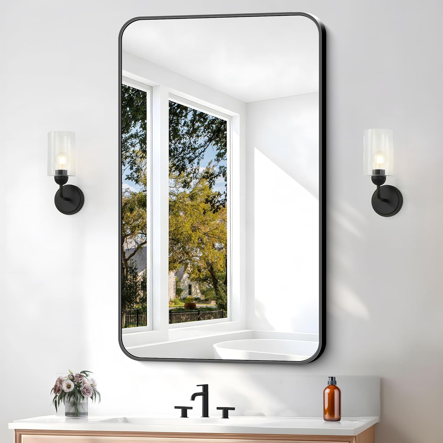 Round Luxe Beige Wall Mirror — 60" — Black Rounded Rectangle
