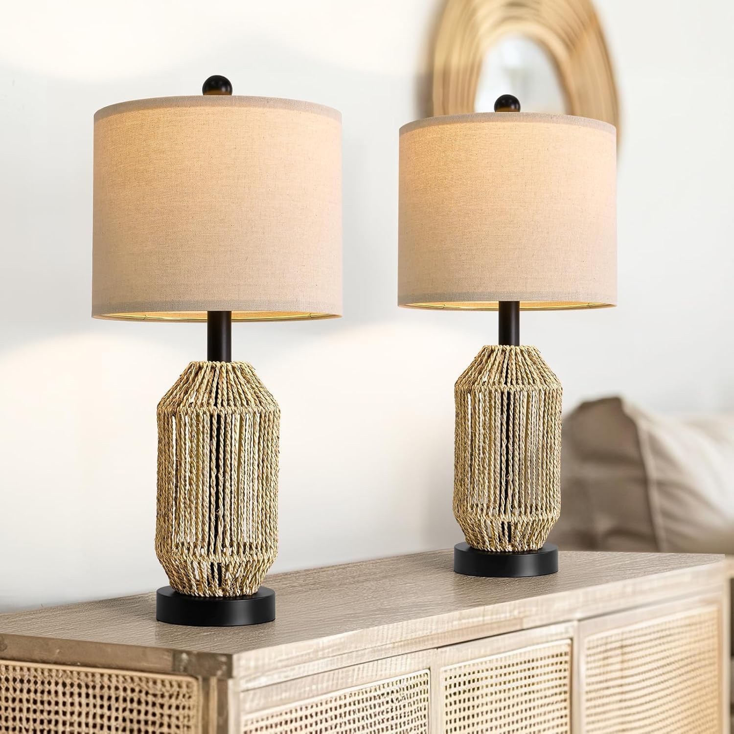 Boho Black Bedside Lamp — 21" — Wood Brown and Black