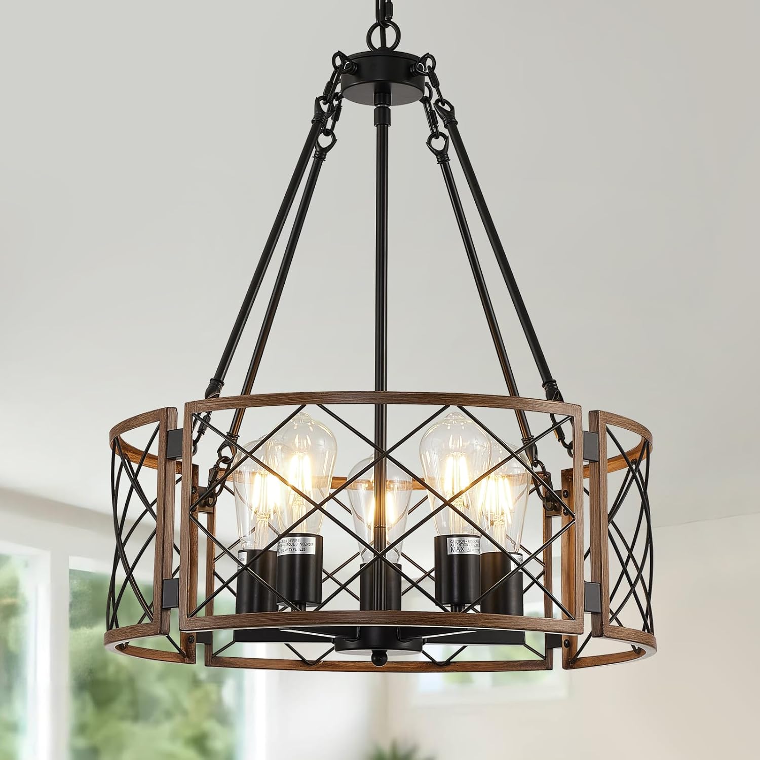 Farmhouse Black Chandelier — 6-Light — Wood Grain-21"(Easy to Install)