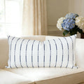 Embroidered Boho Beige Throw Pillow Cover — 18" — C-embroidery Navy Blue Stripe