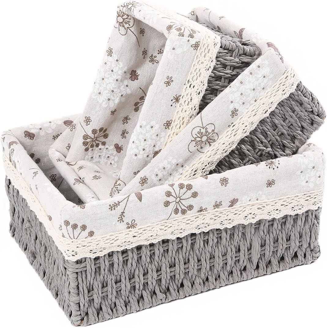 Rectangular Boho Beige Storage Basket — Set of 3 — Gray-