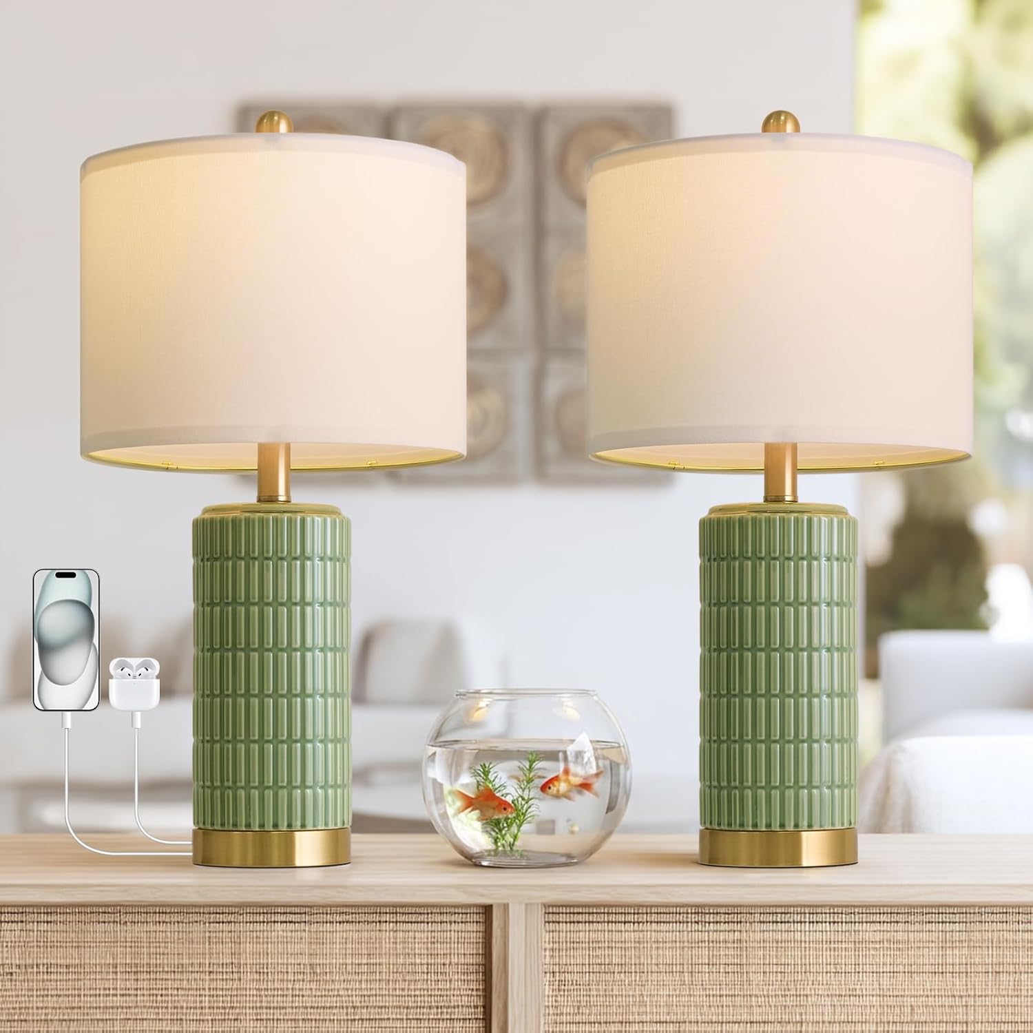 Farmhouse Beige Bedside Lamp — 20.75" — Green - Dual USB Ports