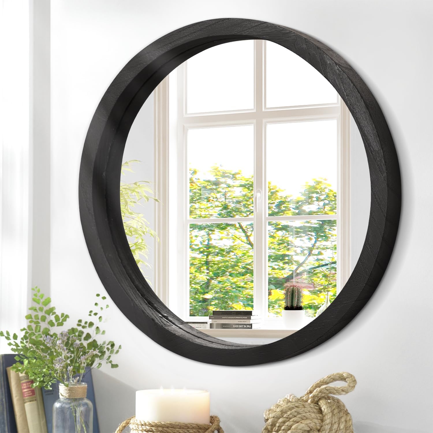 Round Farmhouse Black Wall Mirror — 24" — 24"L x 24"W
