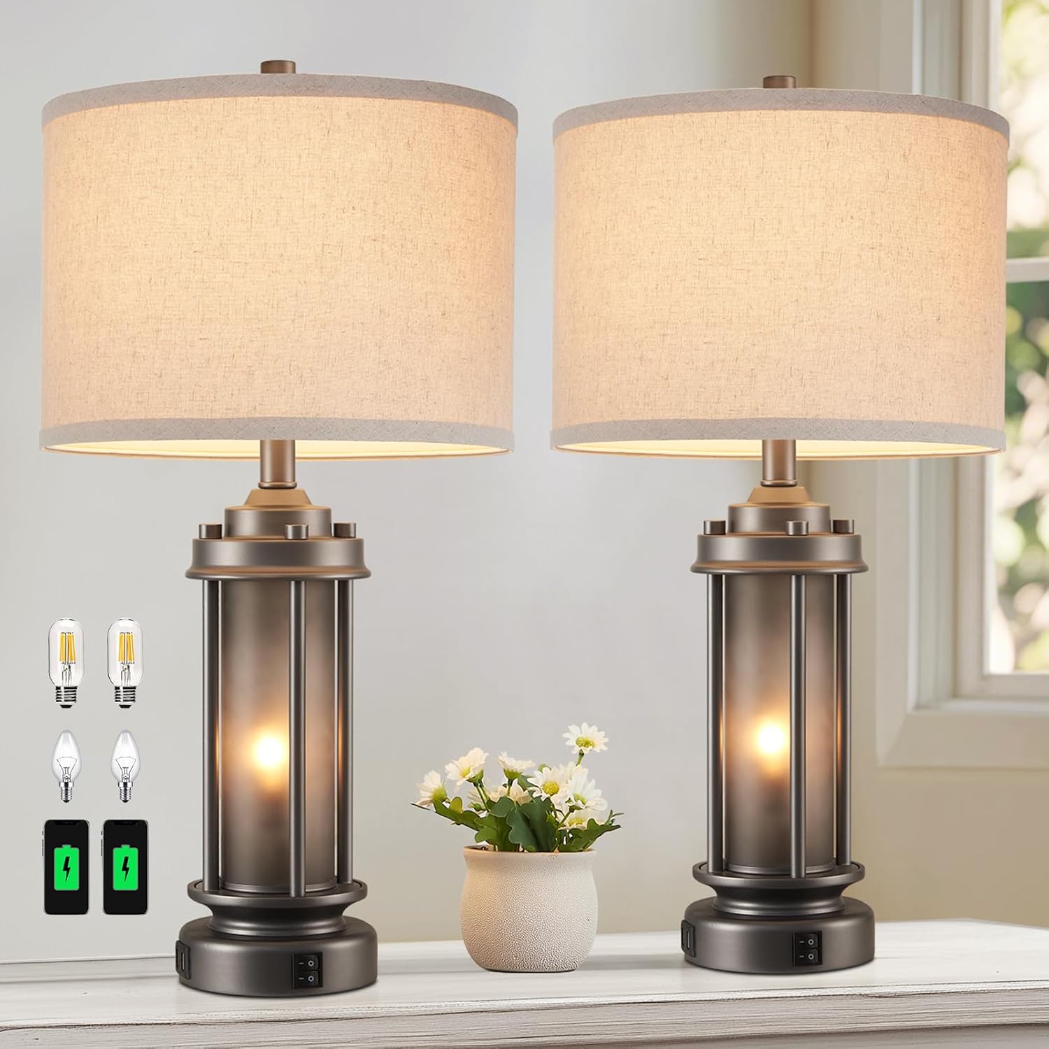 USB Charging Farmhouse Black Table Lamp — Set of 2 — Gray