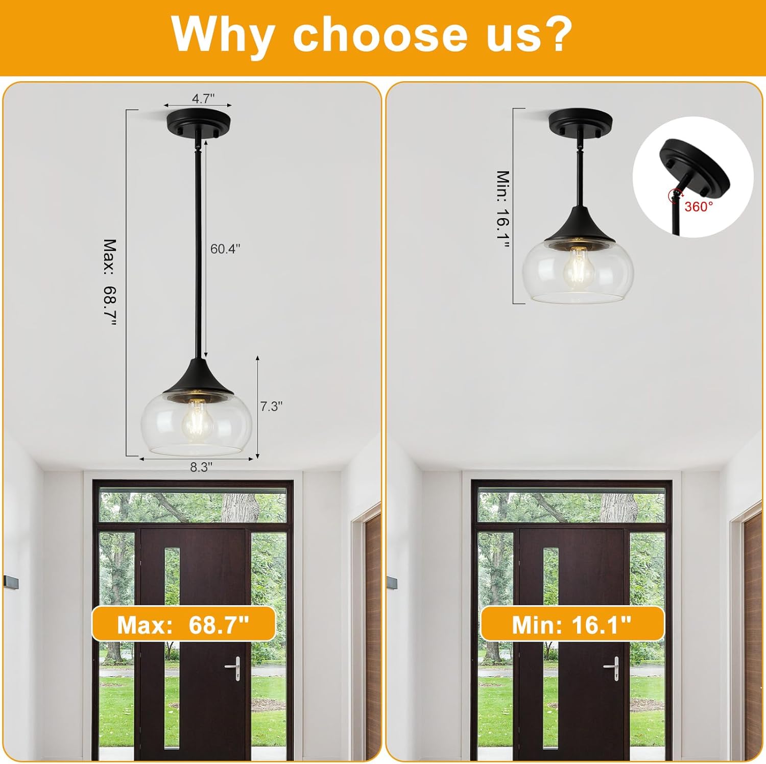 Modern Black Pendant Light — 8.5" - View 4