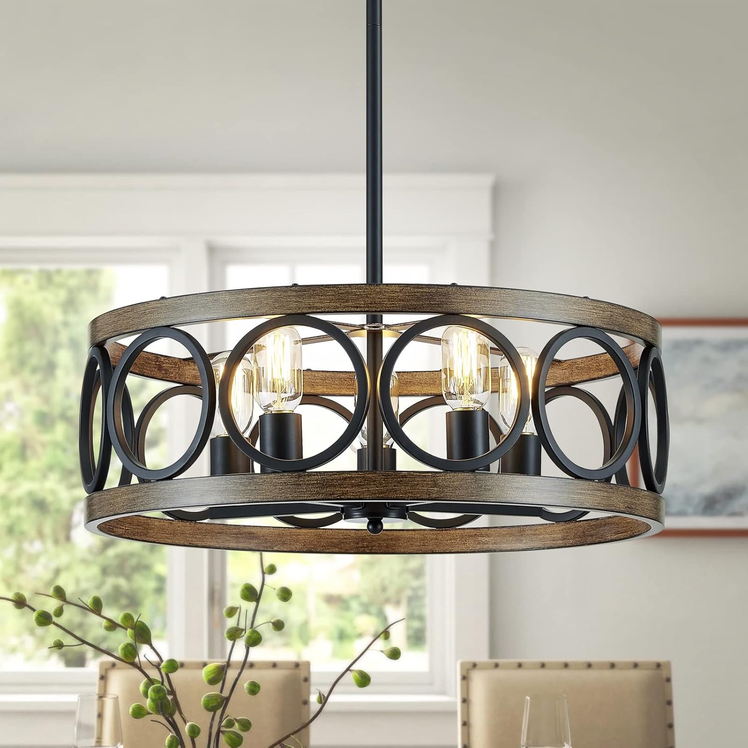 Round Farmhouse Black Chandelier — 5-Light — Black Drum Pendant-5 Light
