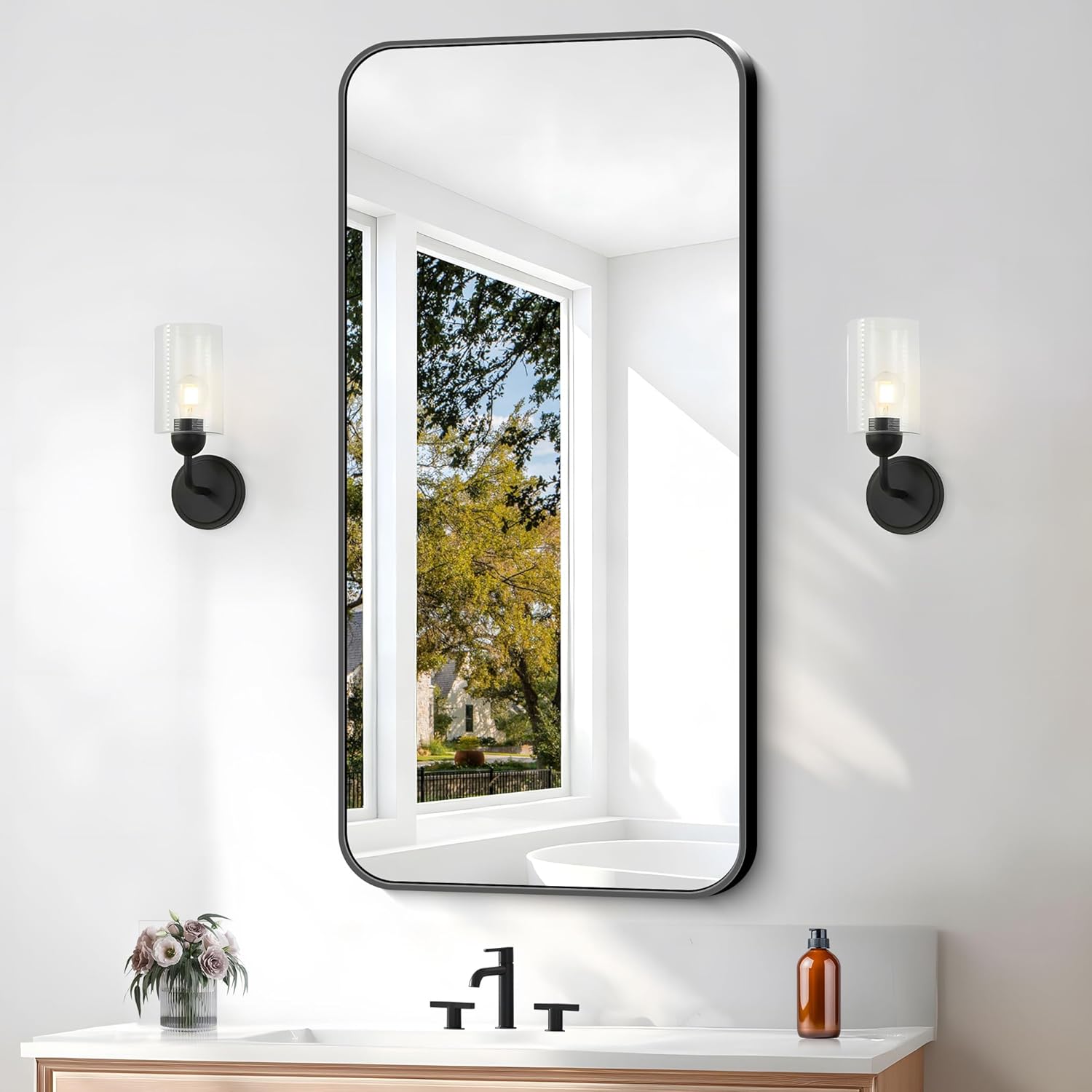 Round Luxe Beige Wall Mirror — 60" — Black Rounded Rectangle