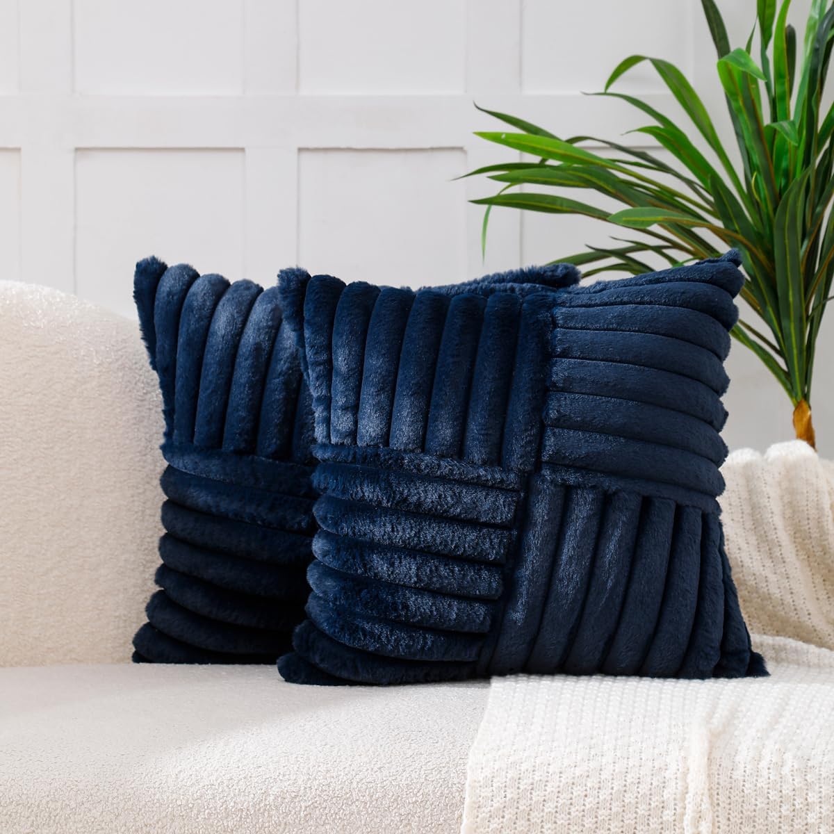 Velvet Boho Beige Throw Pillow Cover — 18" — Navy