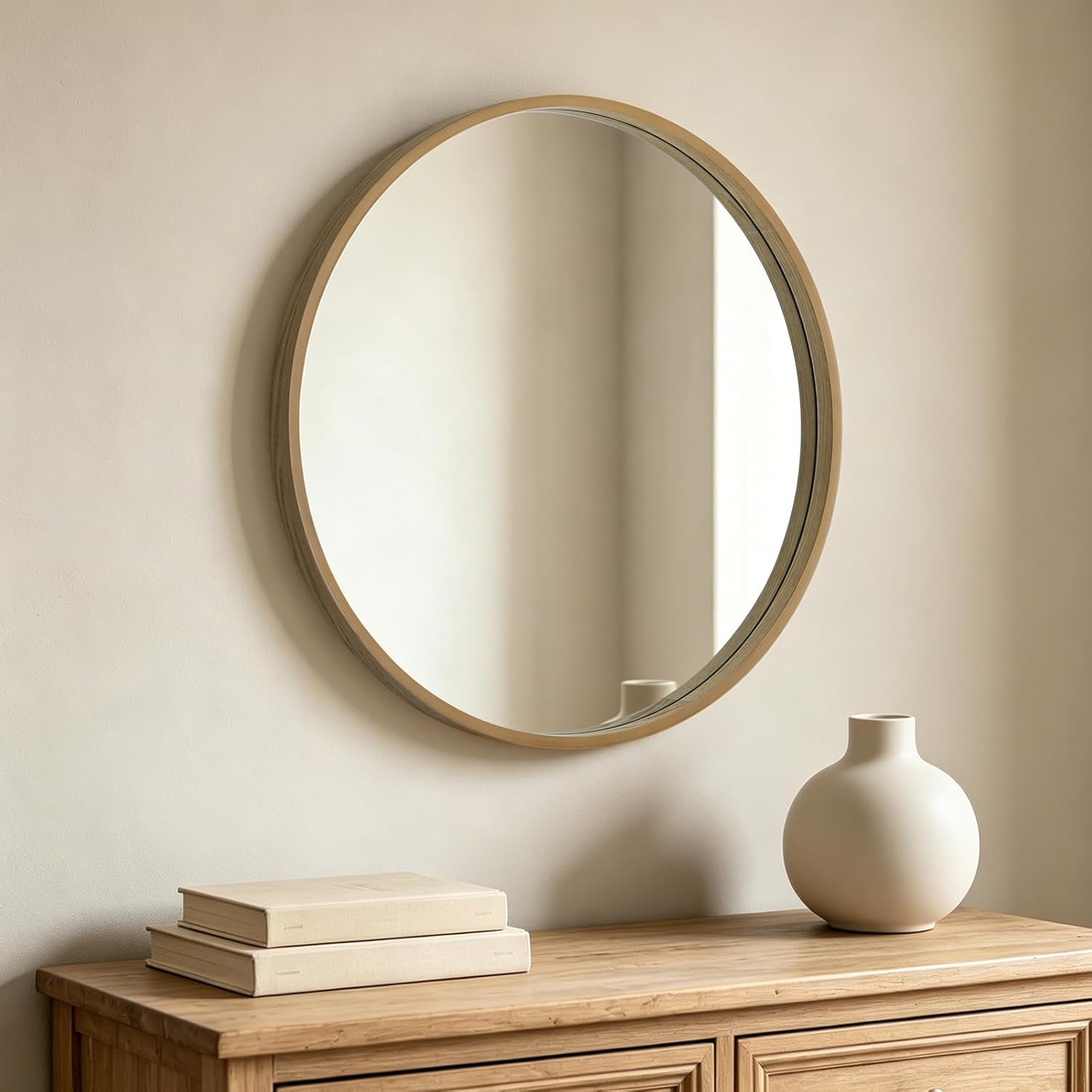 Framed Farmhouse Beige Wall Mirror — 24" — Natural
