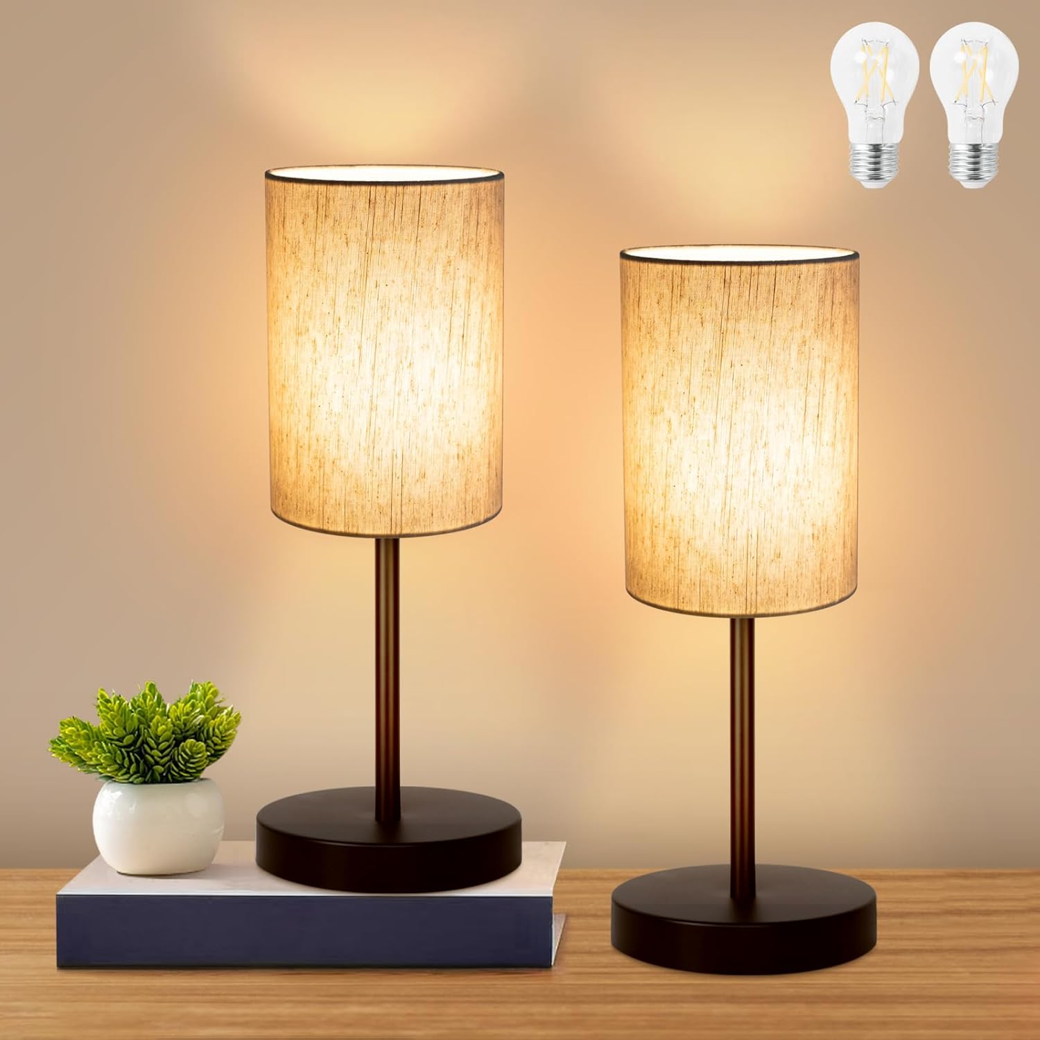 Linen Modern Beige Desk Lamp — 2 Pack Beige-Black