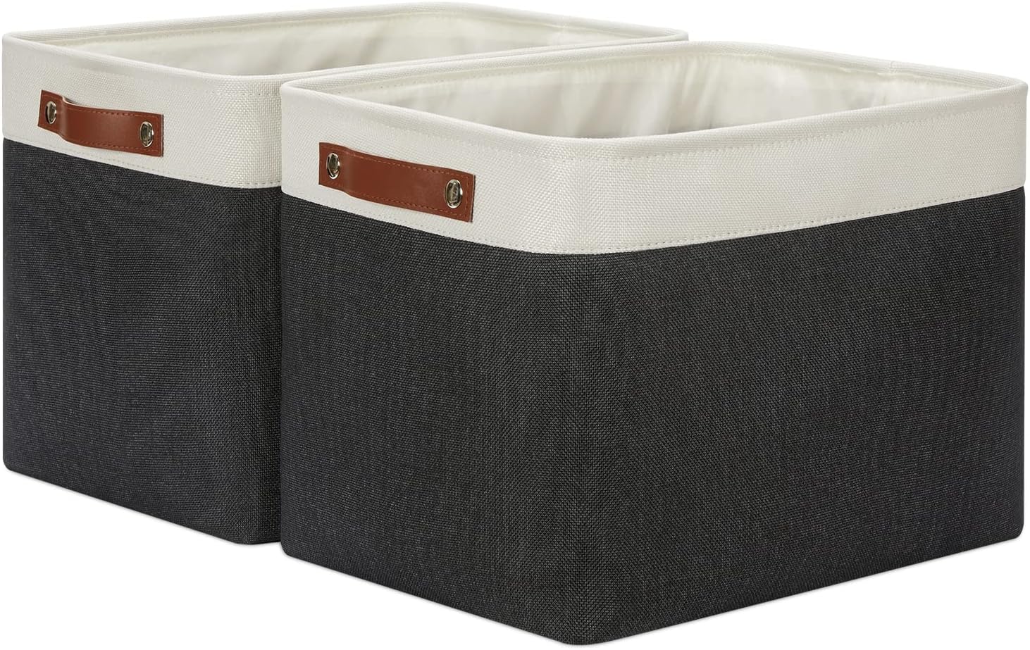 Beige Storage Basket — 17" — White&Black-Leather Handles