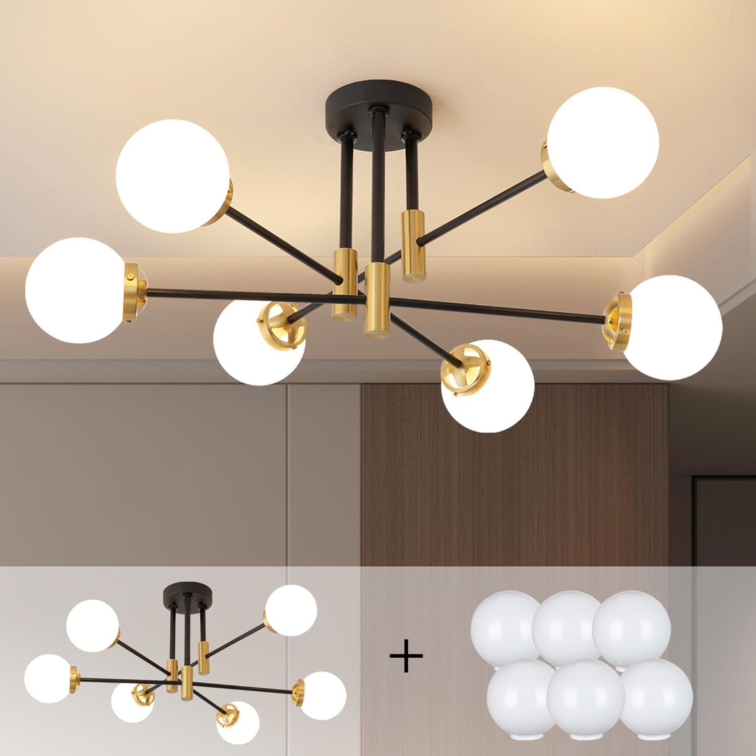 Luxe Black Chandelier — 6-Light — Black Gold