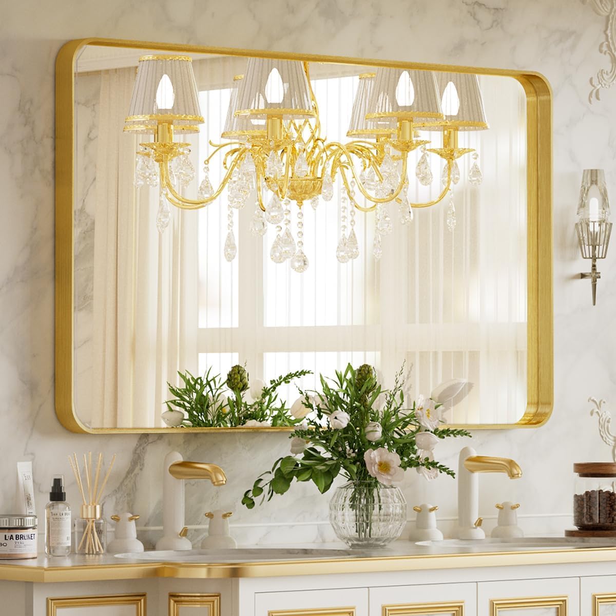 Round Modern Black Mirror — 24" — Gold