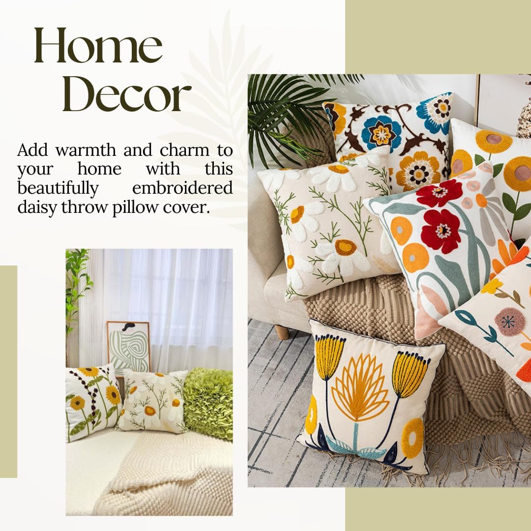 Embroidered Boho Beige Throw Pillow Cover — 18" - View 2