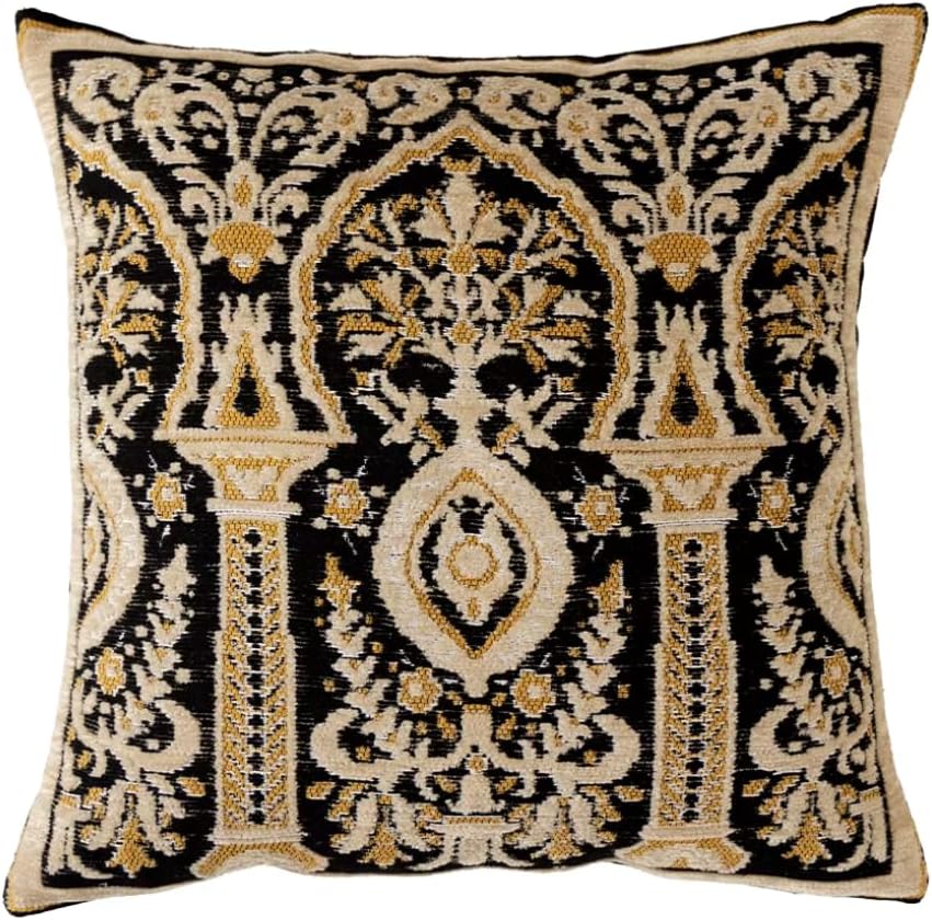 Embroidered Boho Beige Throw Pillow Cover — 18" — Ivory Gold on Black
