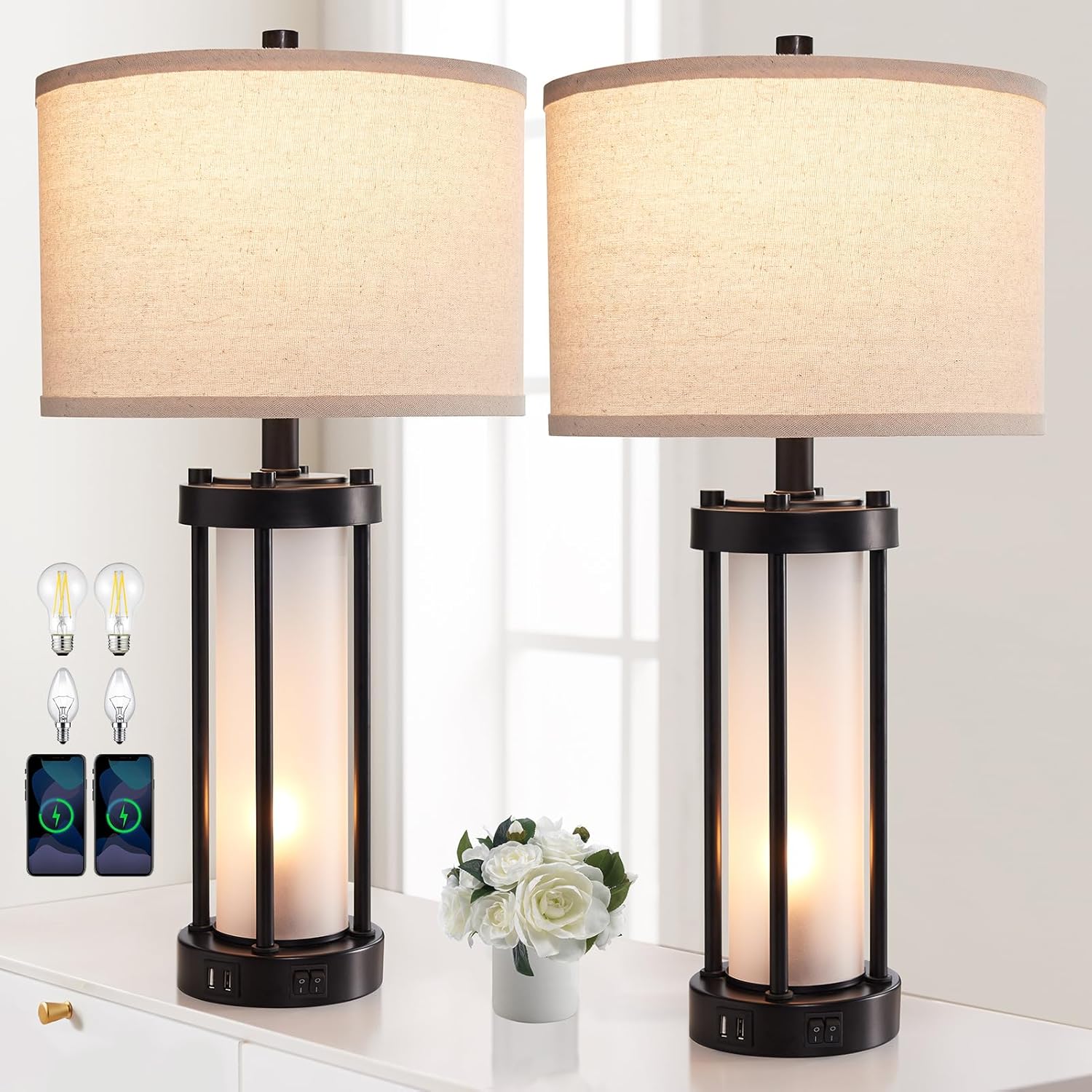 USB Charging Farmhouse Black Desk Lamp — Black