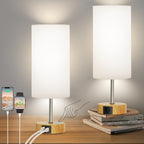 Dimmable Modern Silver Nightstand Lamp — 12.8" — White & Wood 2 pack