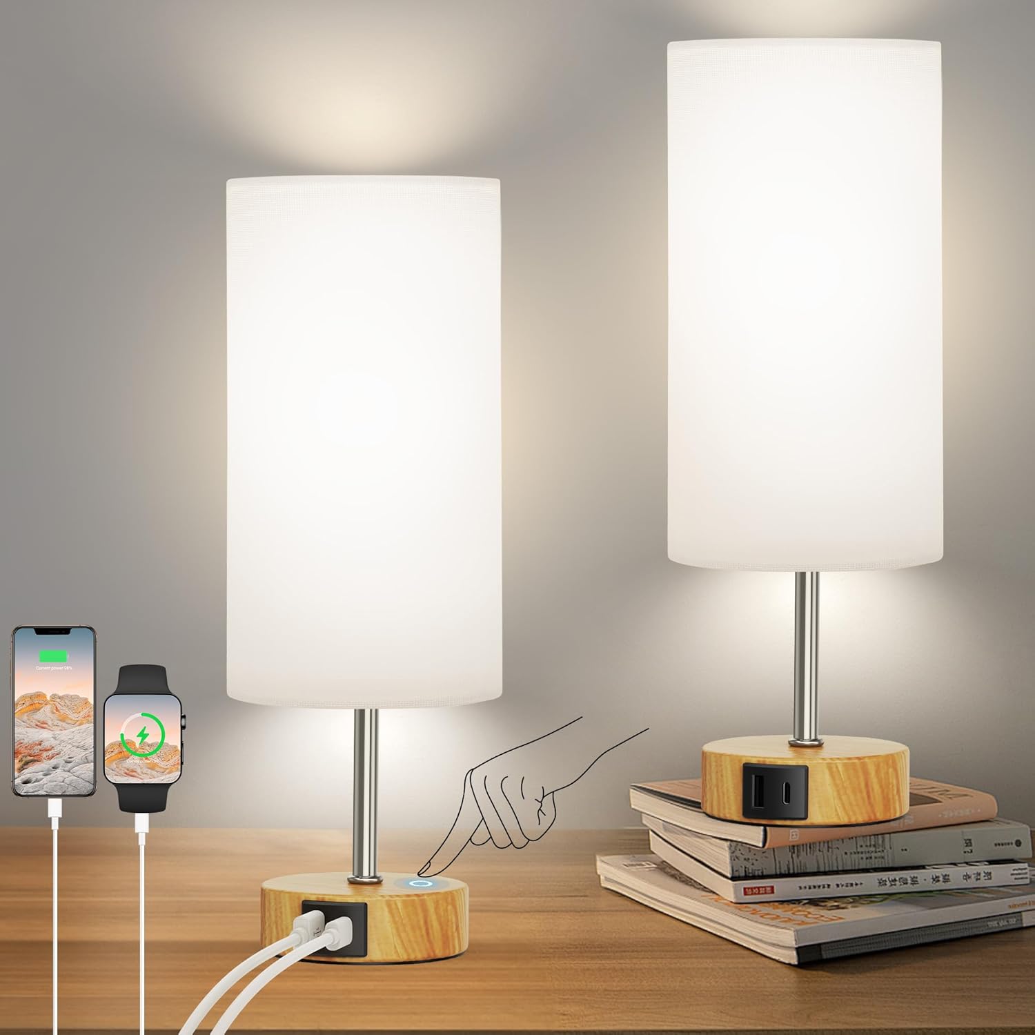 Dimmable Modern Silver Nightstand Lamp — 12.8" — White & Wood 2 pack