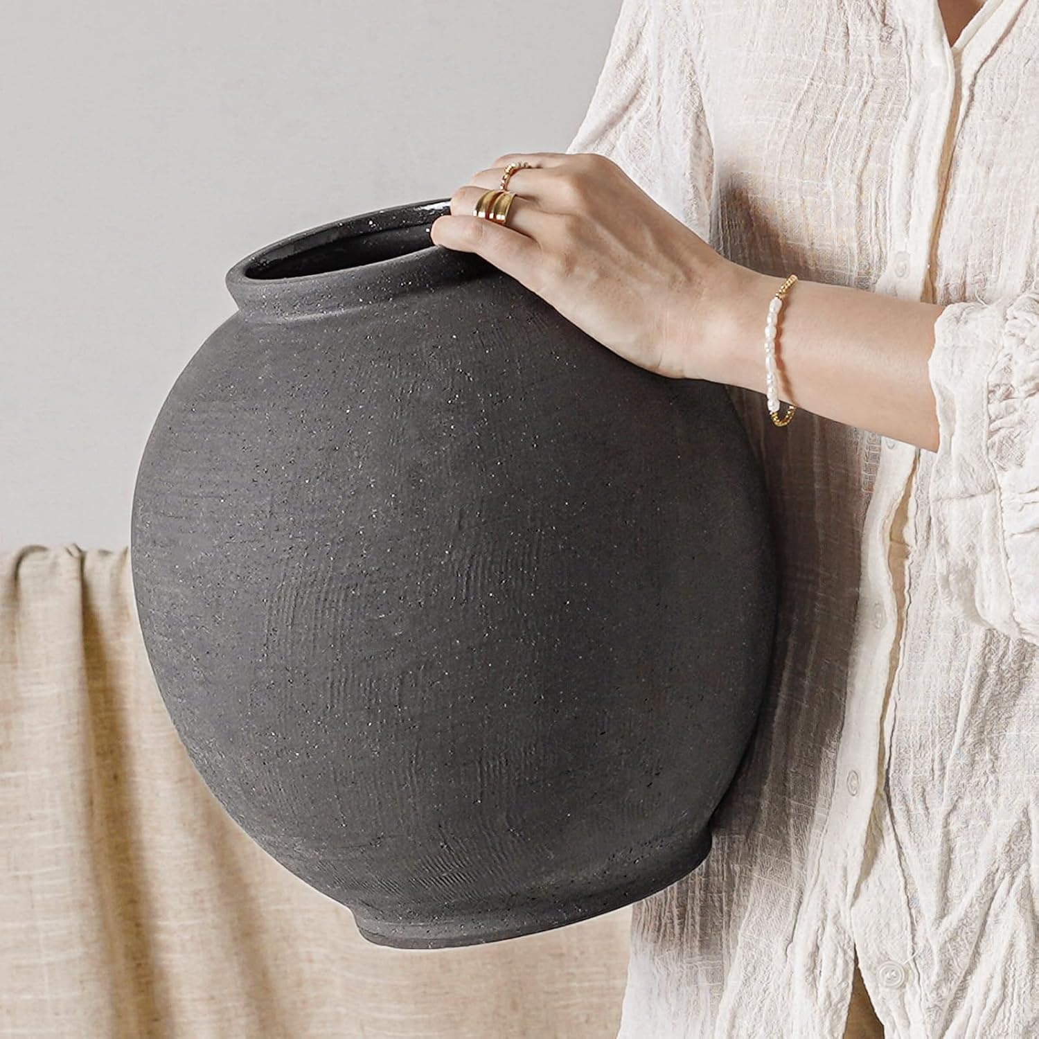 Farmhouse Beige Flower Vase — 8" — Sandstone Dark Grey