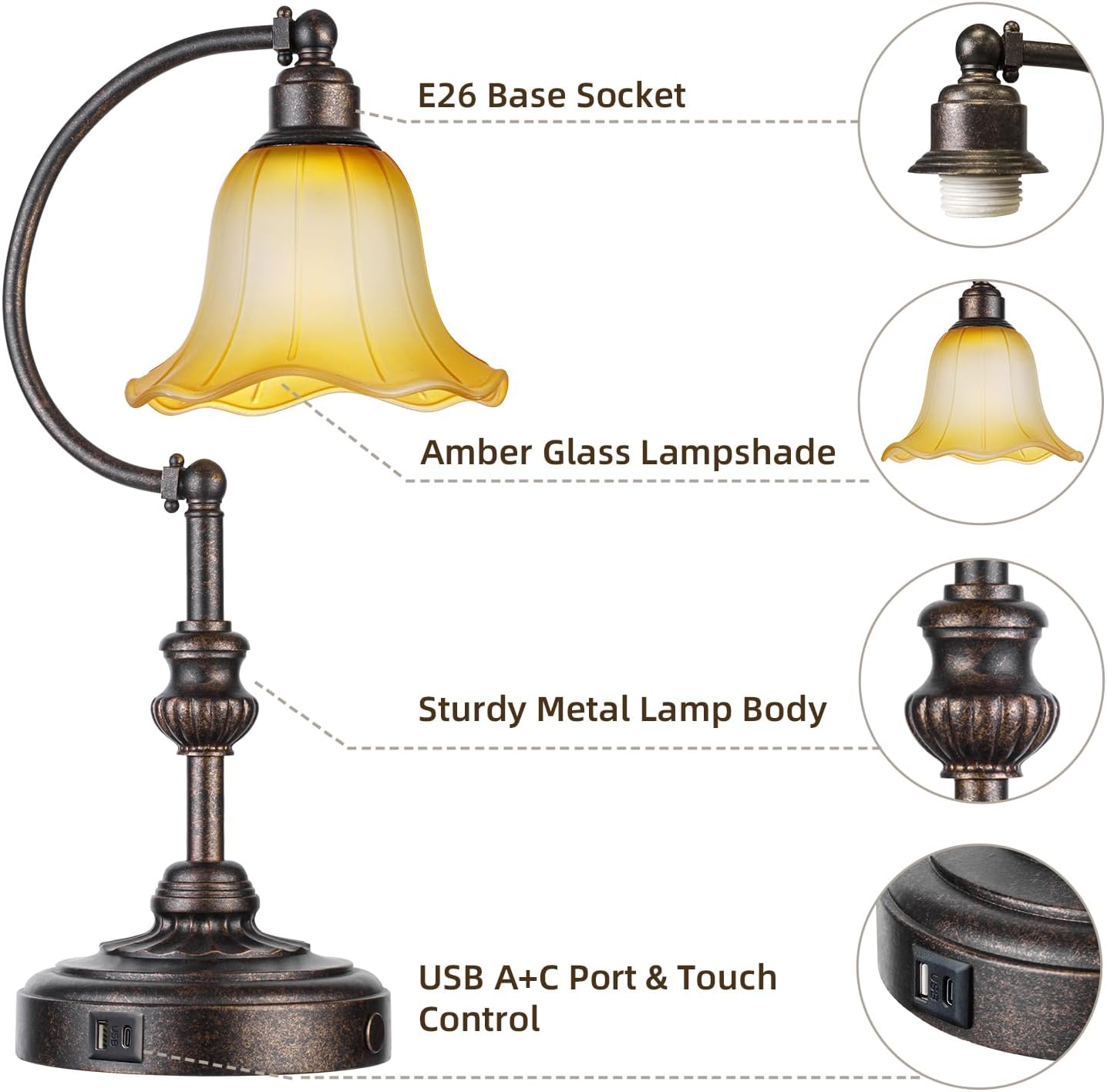 Dimmable Farmhouse Metal Nightstand Lamp - View 5