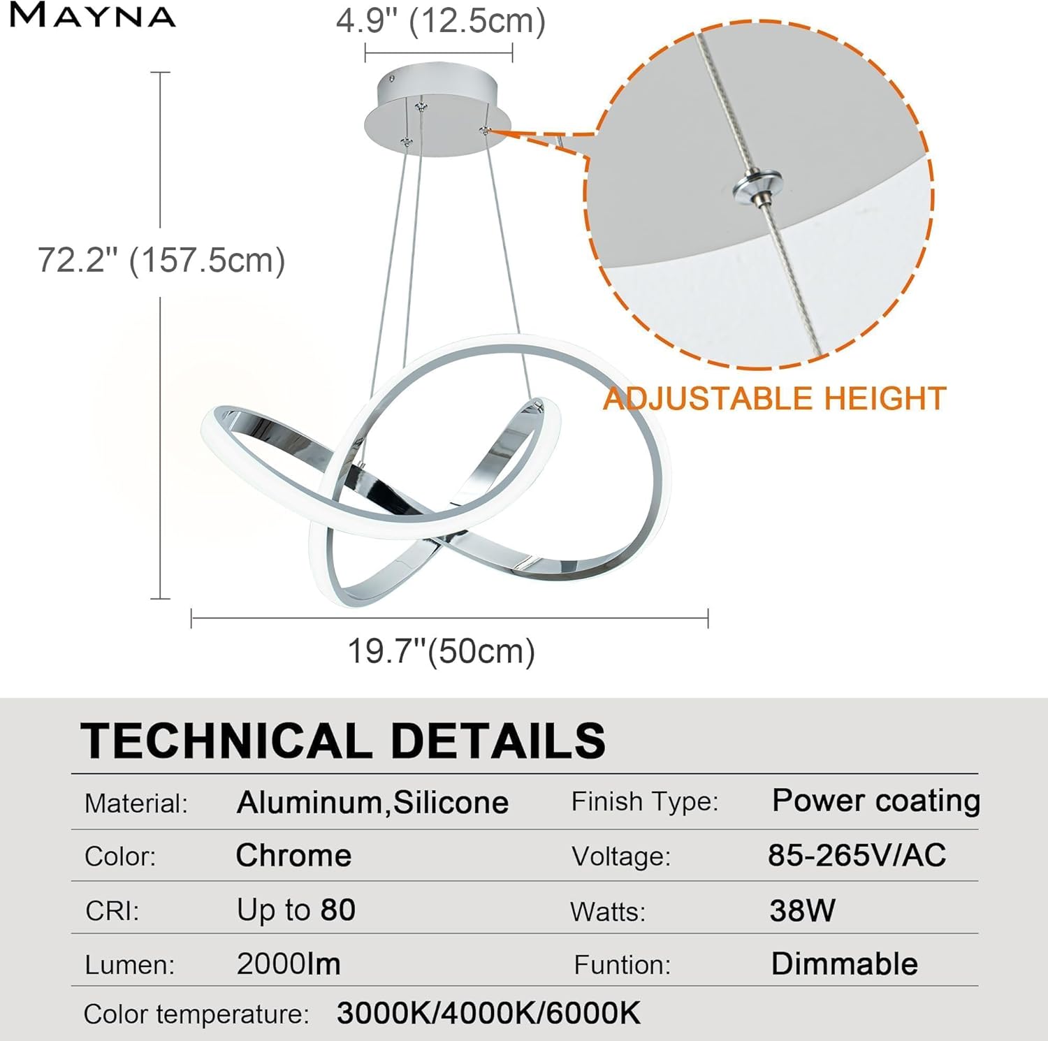 Dimmable Modern Black Chandelier — 7" - View 5