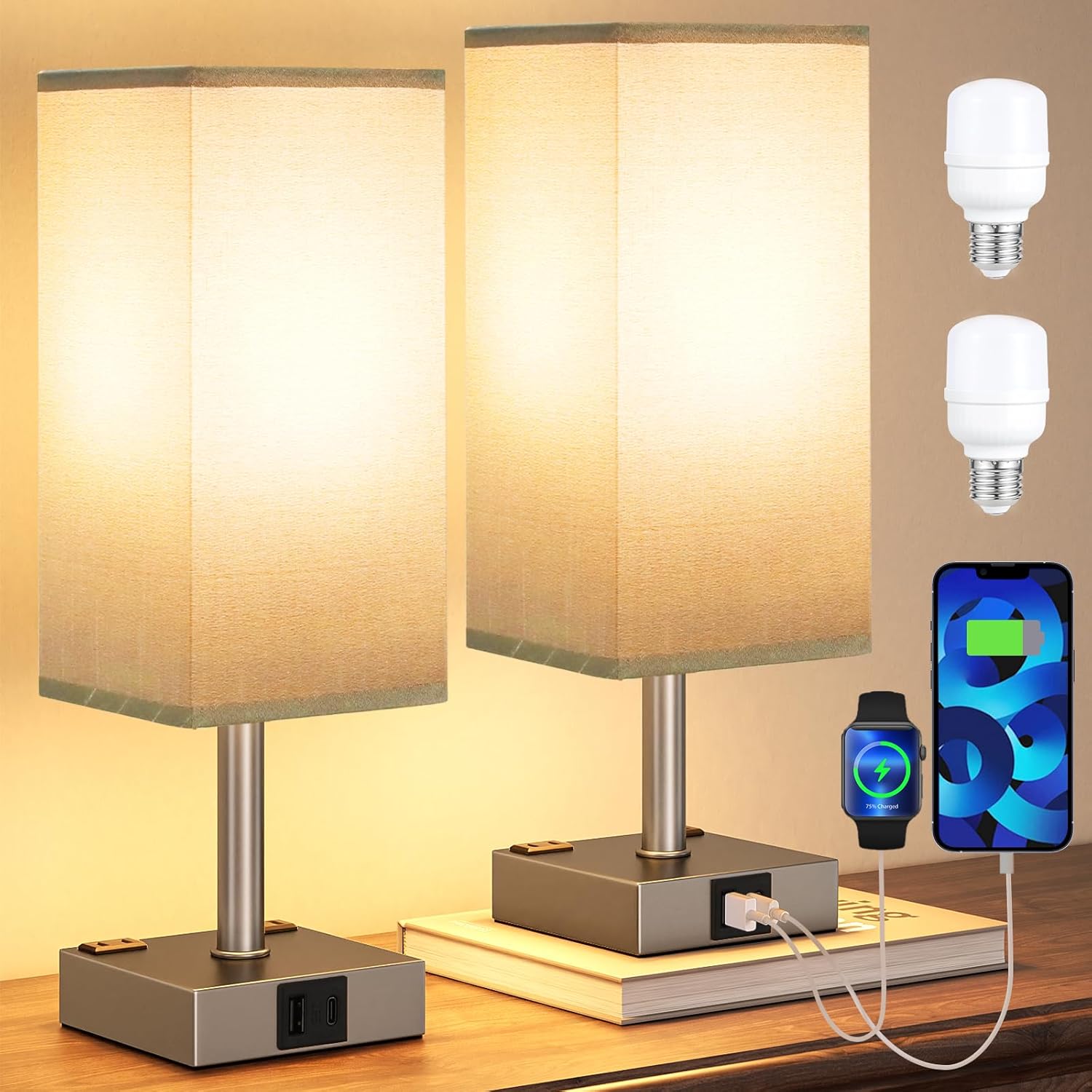 Dimmable Beige Bedside Lamp — Set of 2 — Grey-Grey
