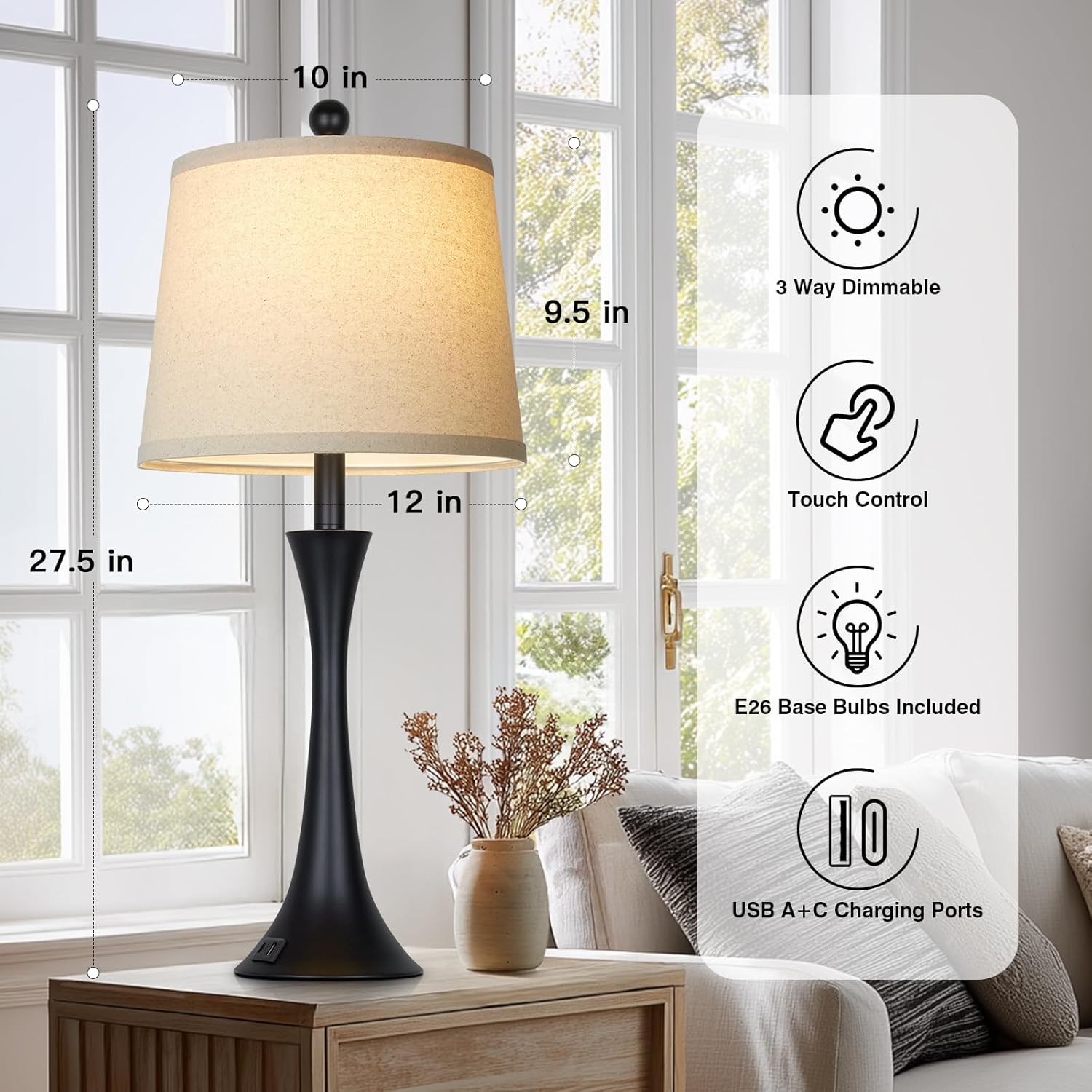 Dimmable Black Bedside Lamp — 27.5" - View 4