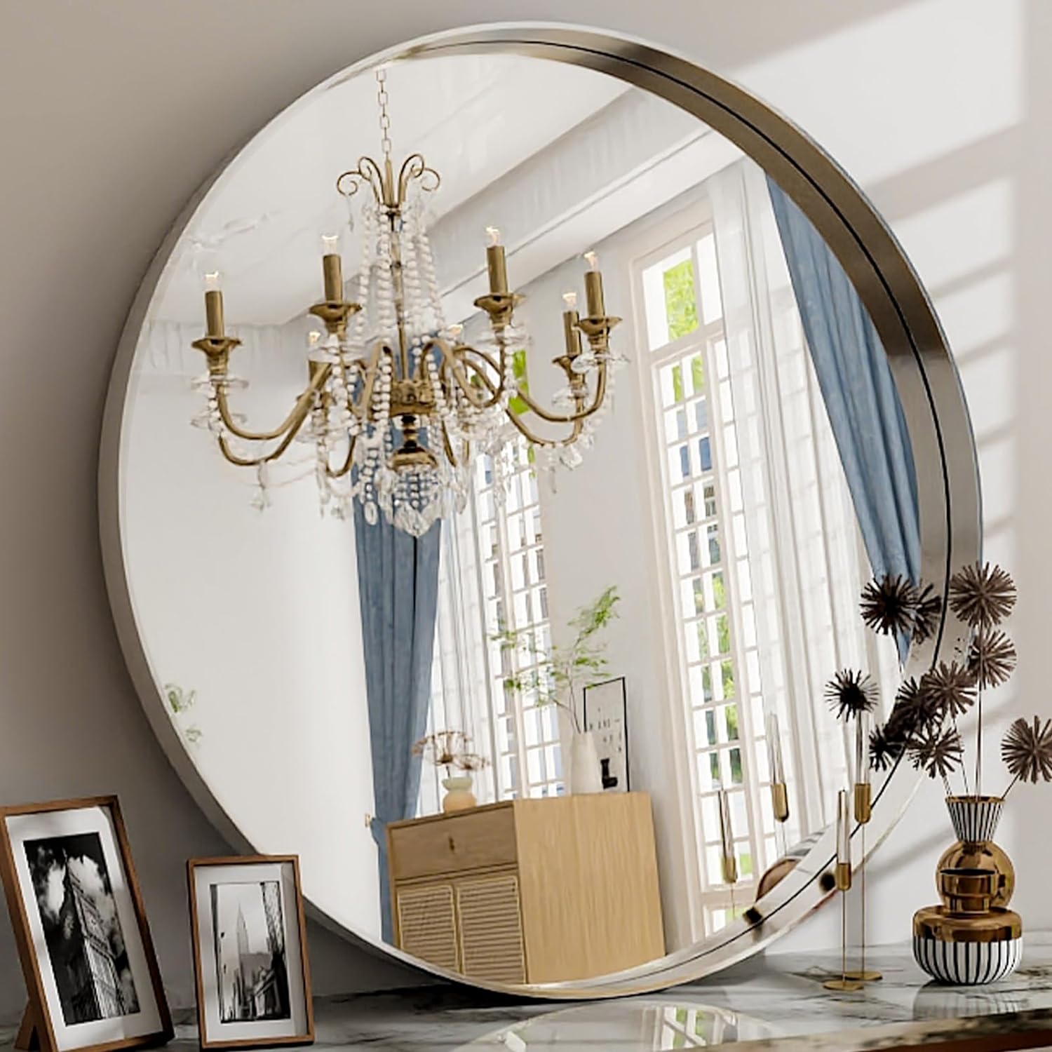 Round Modern Black Mirror — 24" — Silver