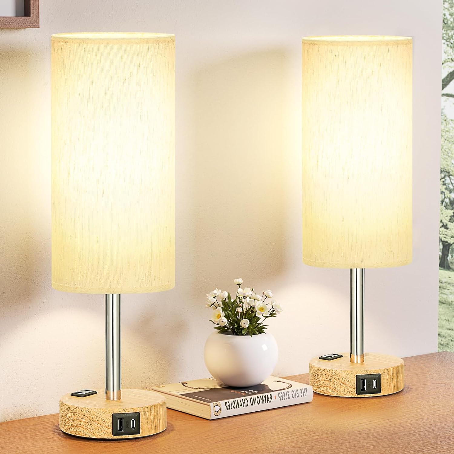 Dimmable Beige Table Lamp — 14" — Cream - Wood Grain 2