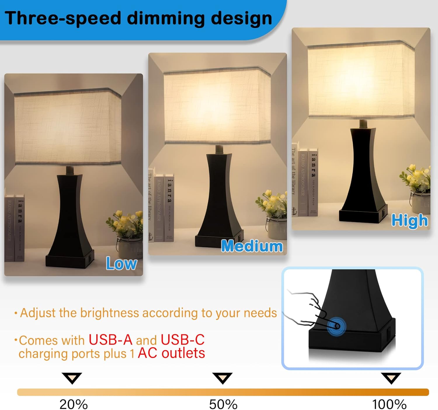 Dimmable Black Bedside Lamp — 21.6" - View 3