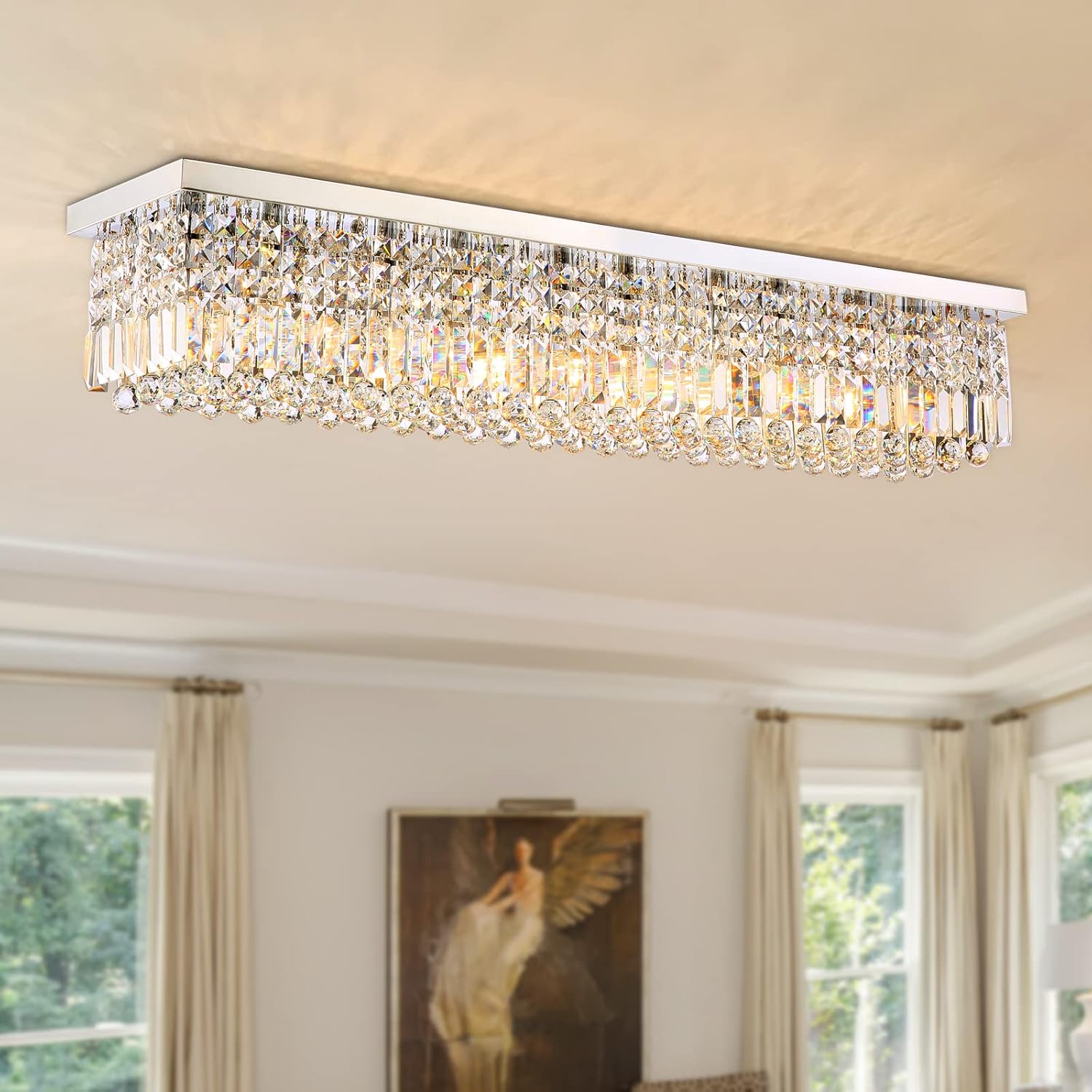Rectangular Luxe Silver Chandelier — 6-Light — Chrome-ceiling